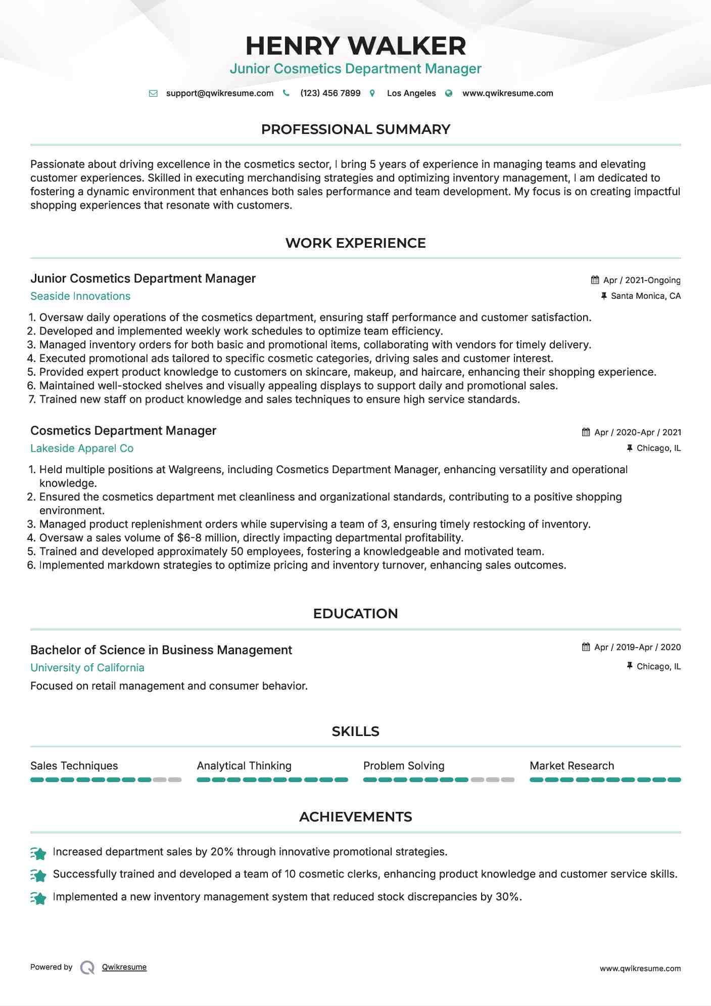 Junior Cosmetics Department Manager Resume Example