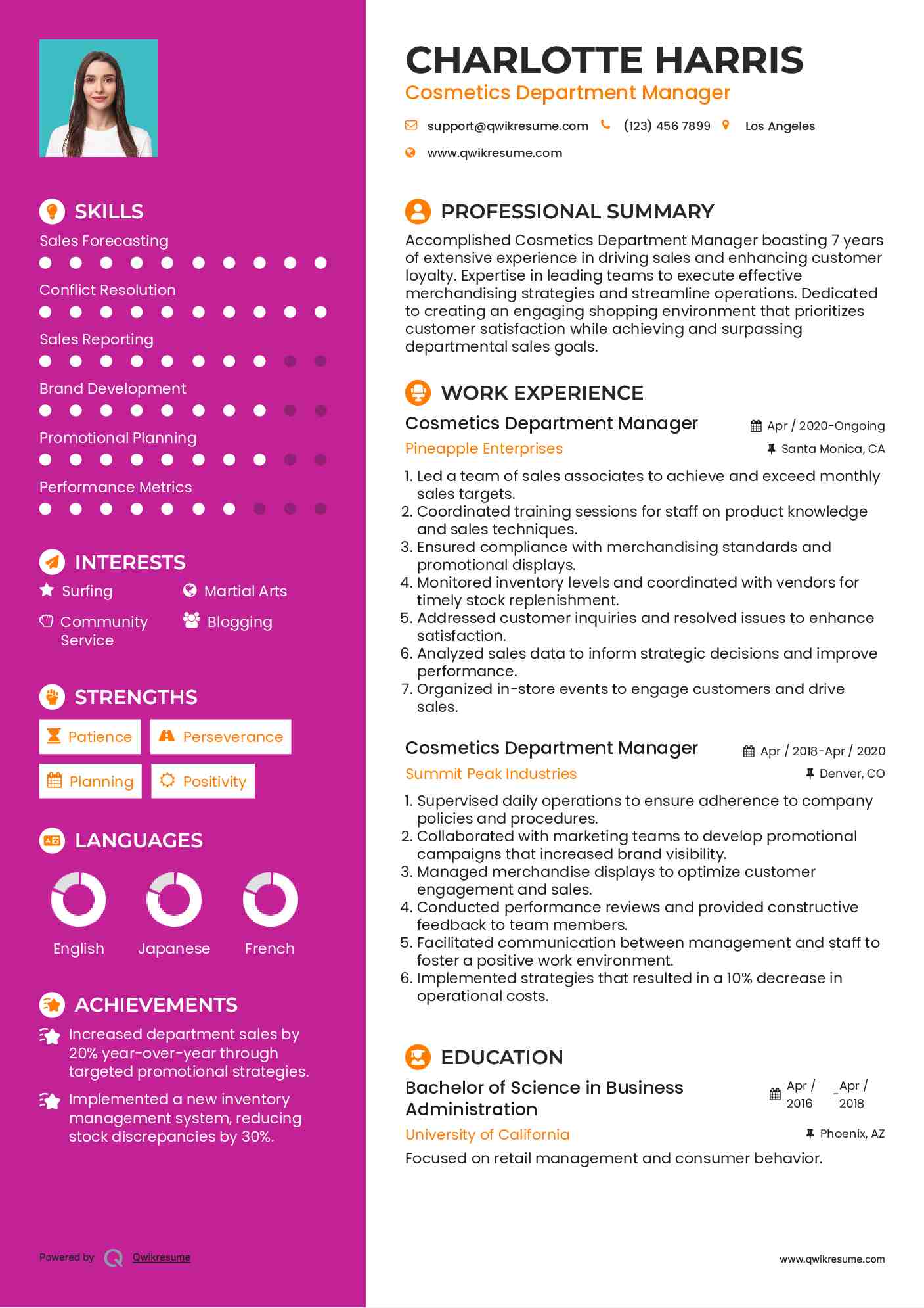 Cosmetics Department Manager Resume Format