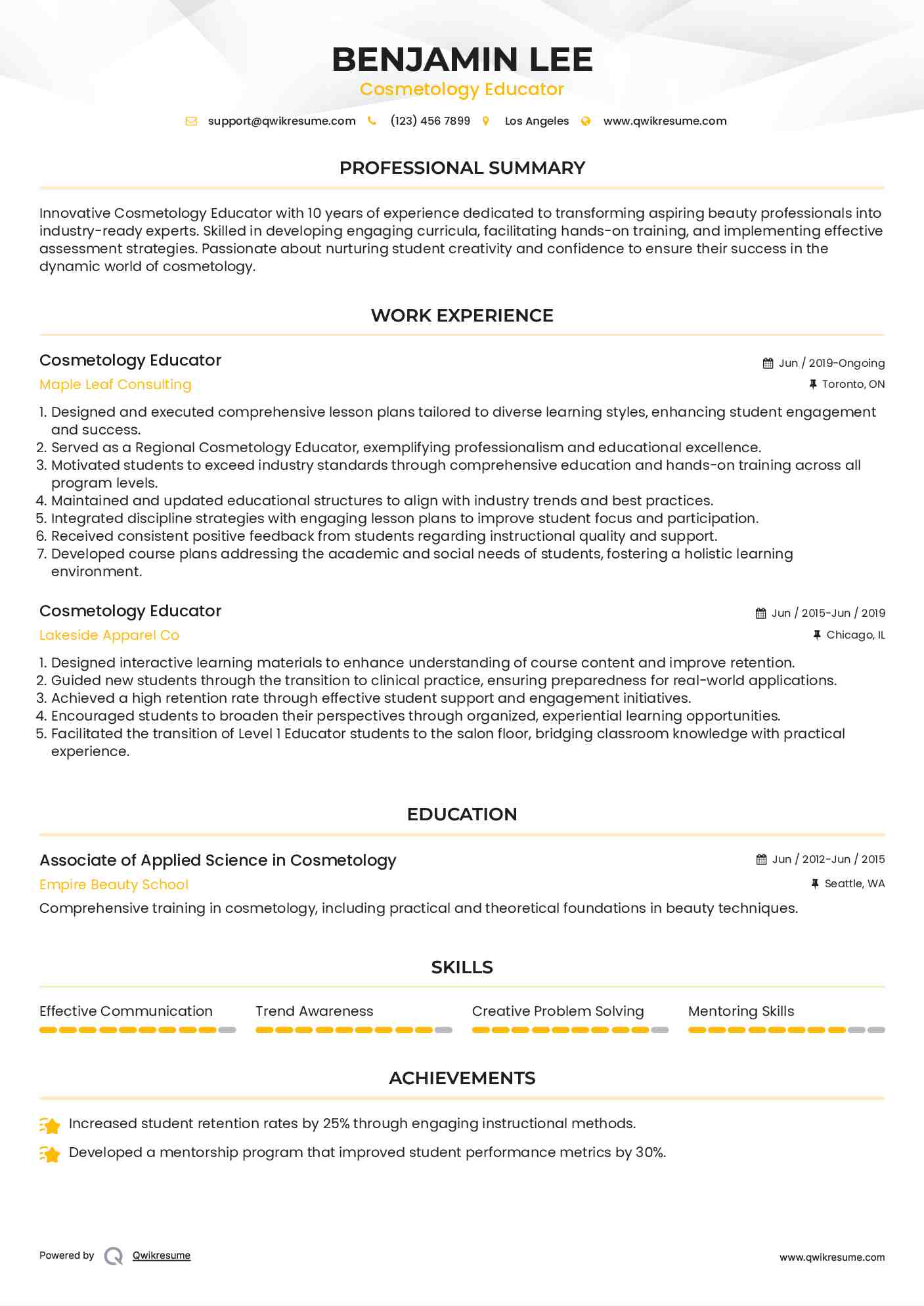 Cosmetology Educator Resume Example