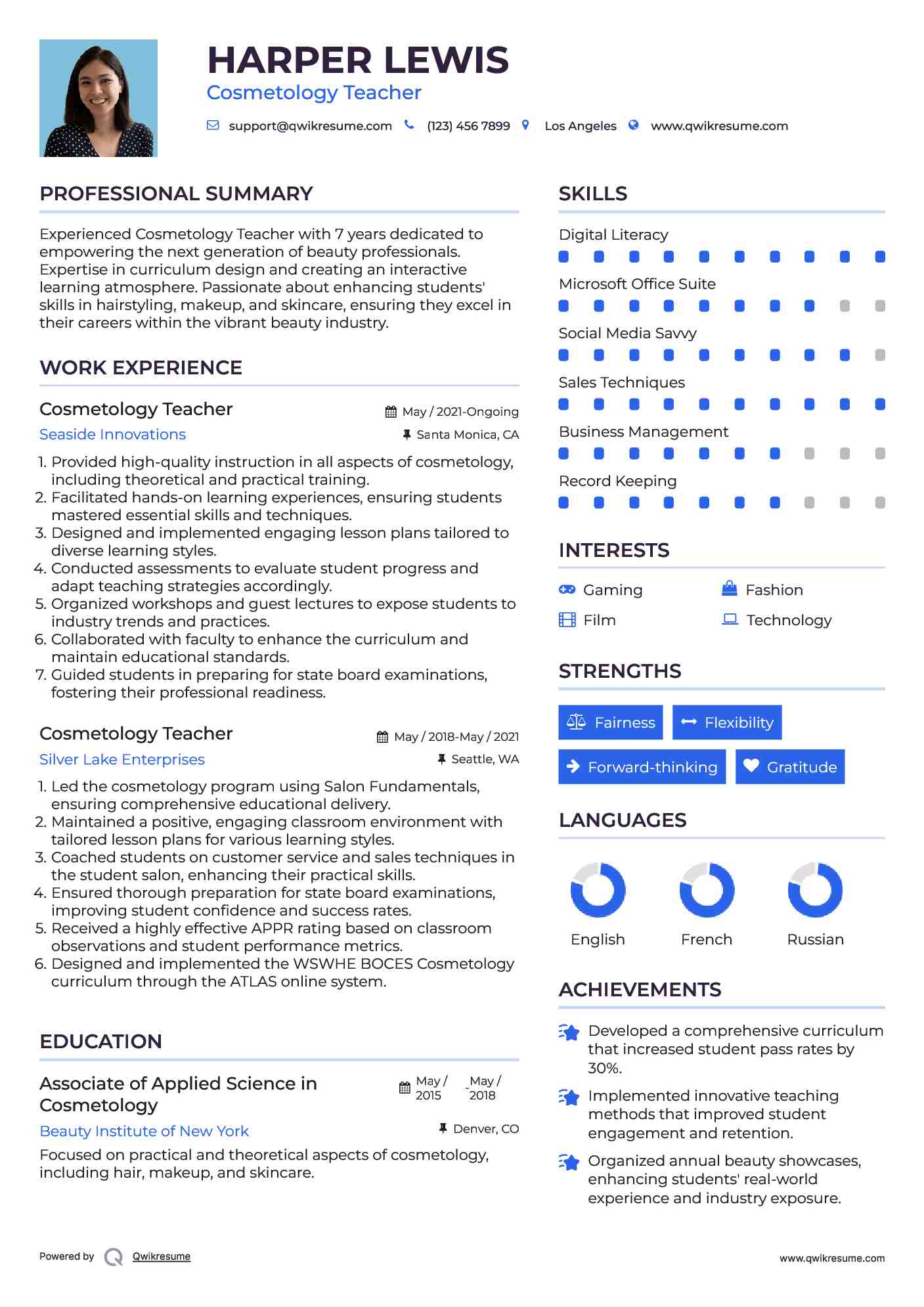 Cosmetology Teacher Resume Sample