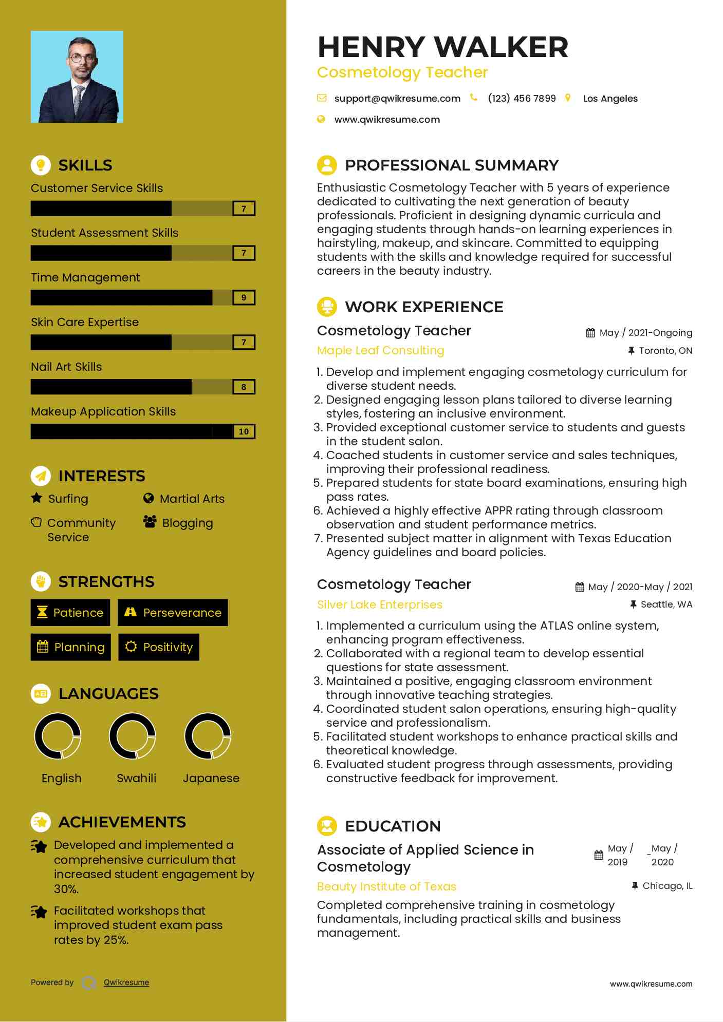 Cosmetology Teacher Resume Model