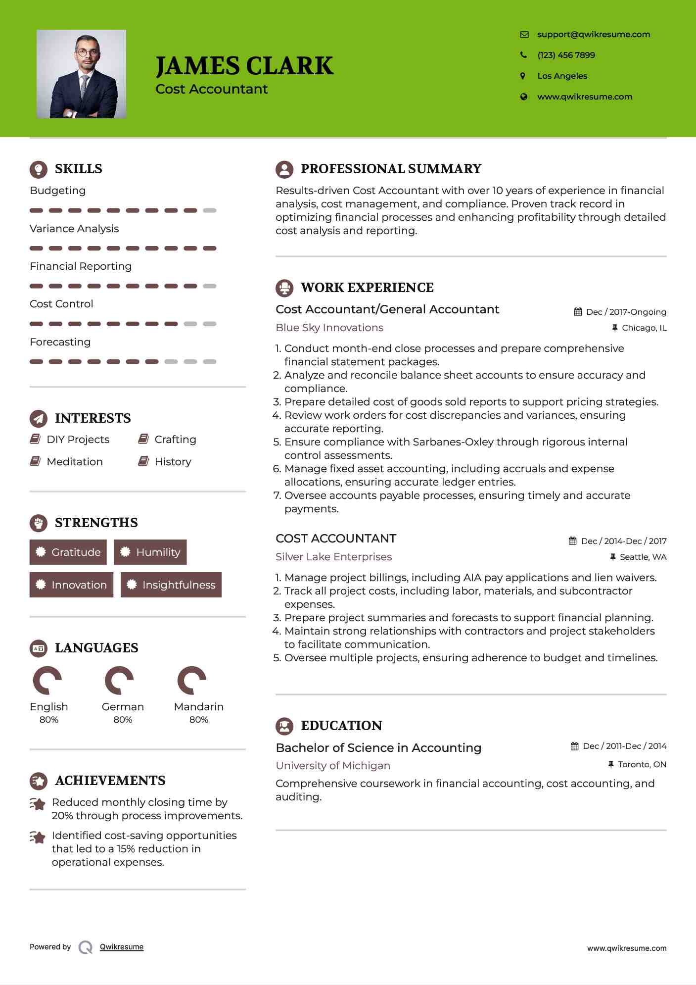Cost Accountant/General Accountant Resume Example