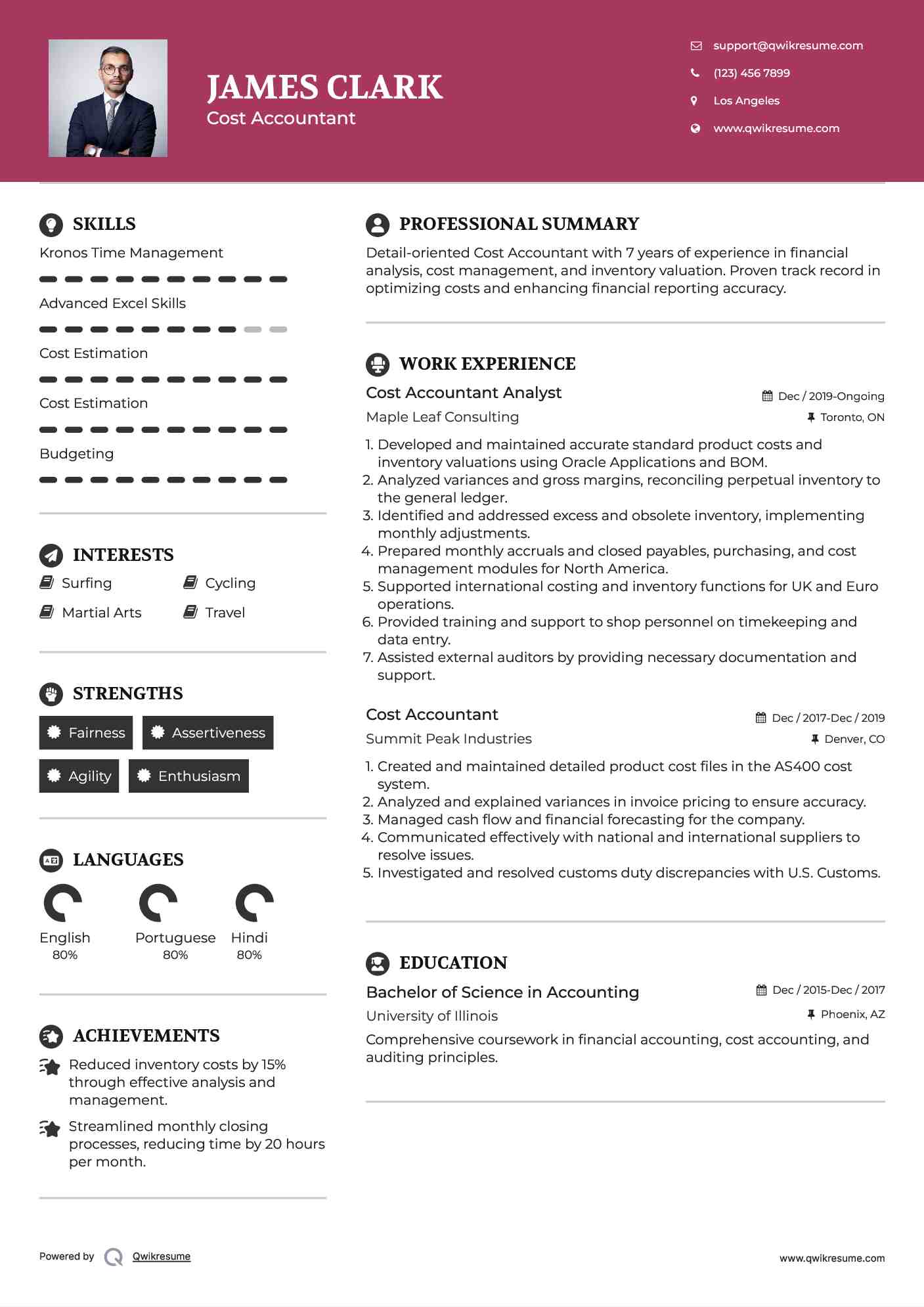 Cost Accountant Analyst Resume Format