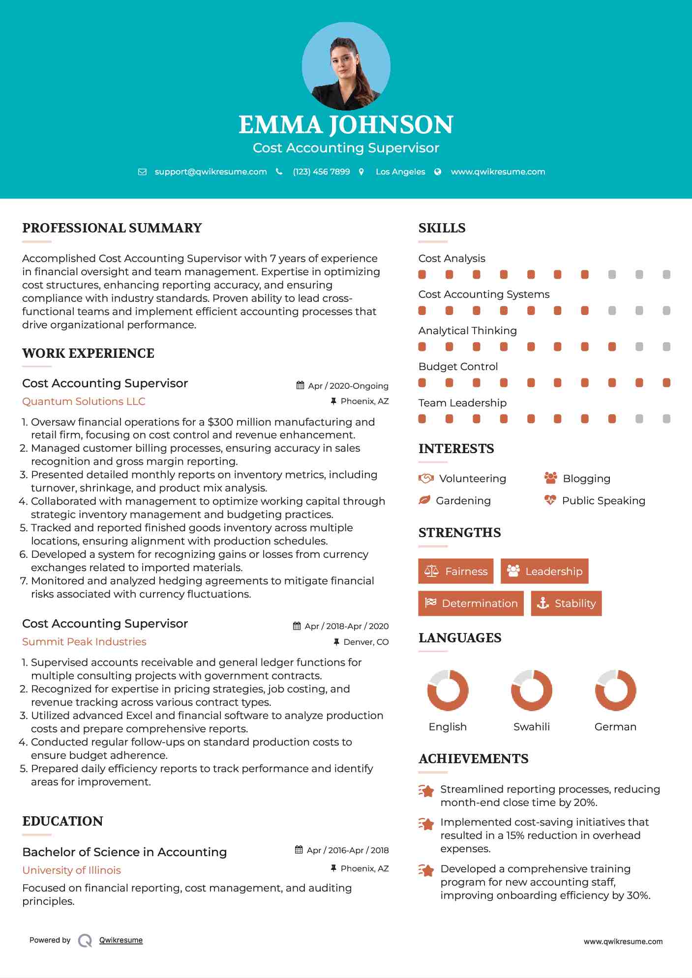 Cost Accounting Supervisor Resume Sample