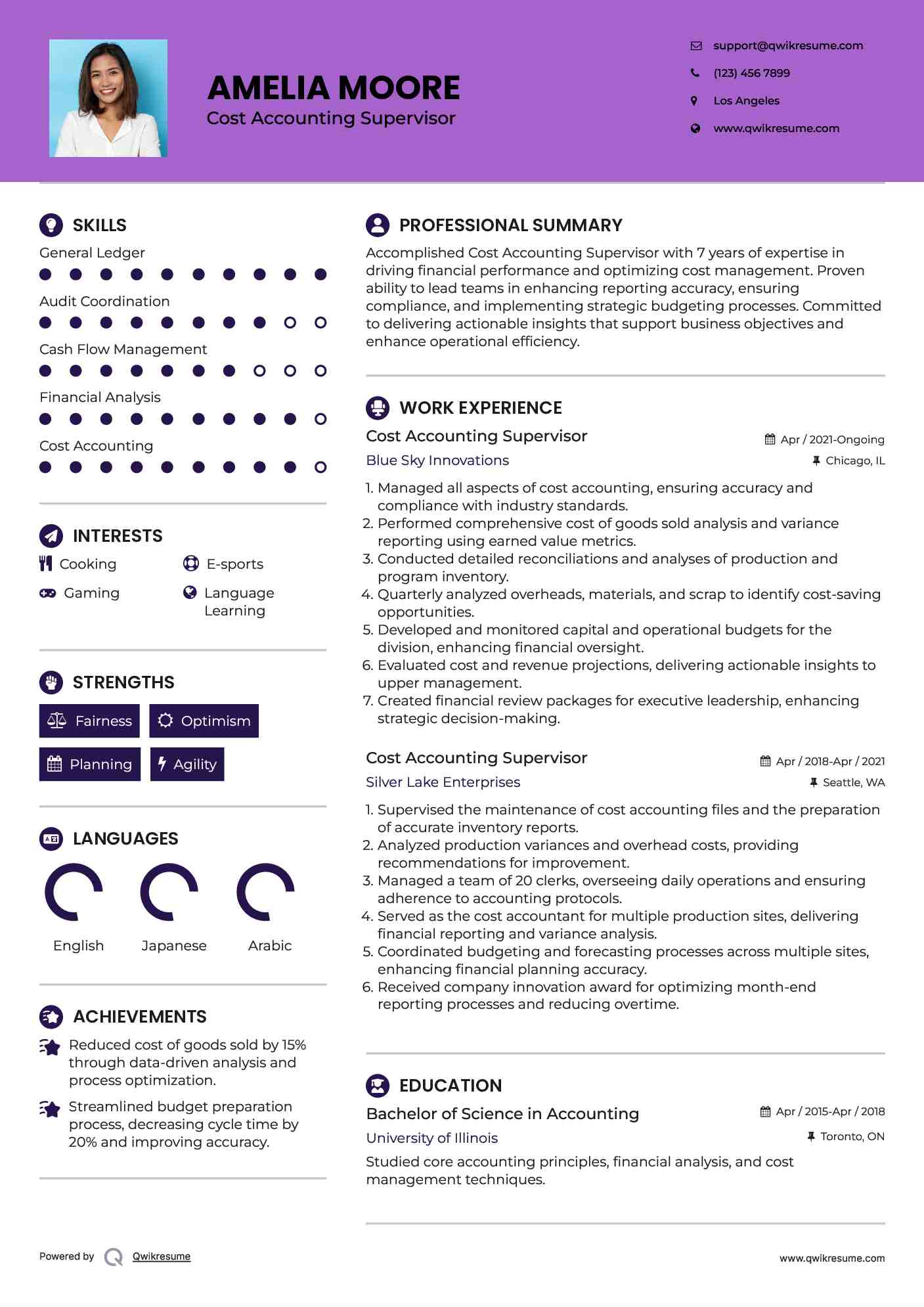 Cost Accounting Supervisor Resume Example