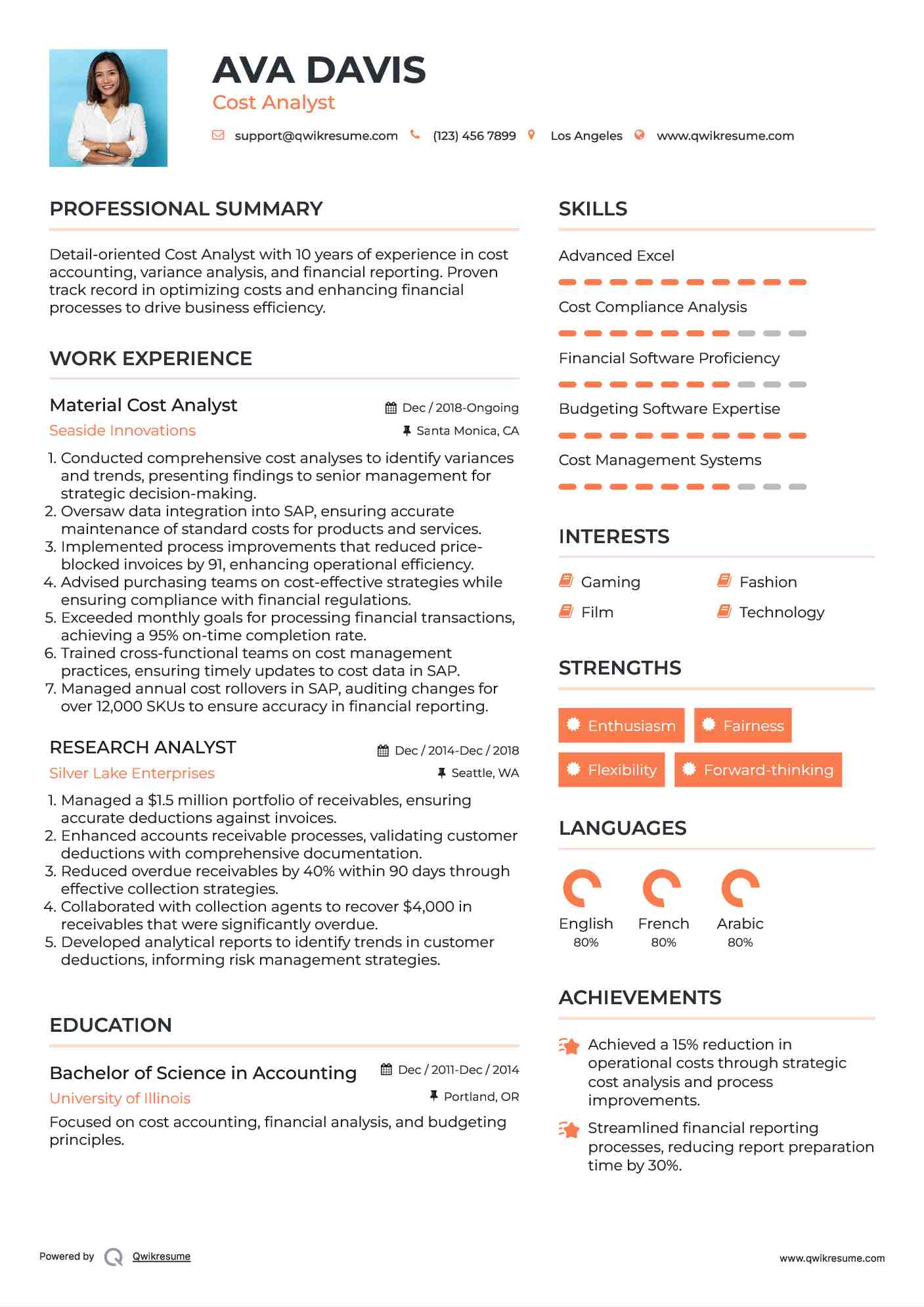 material cost analyst resume format