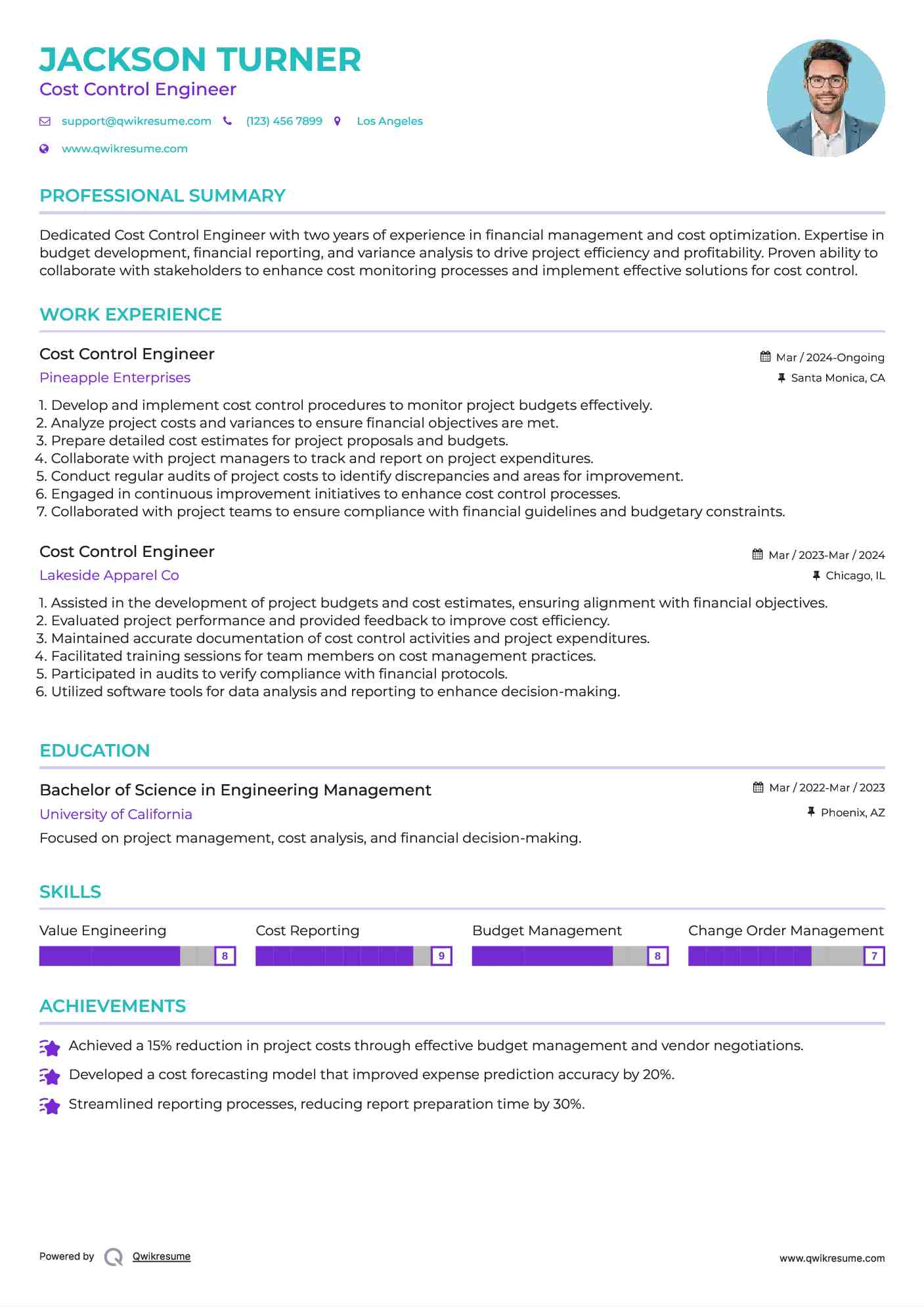 Cost Control Engineer Resume Samples QwikResume