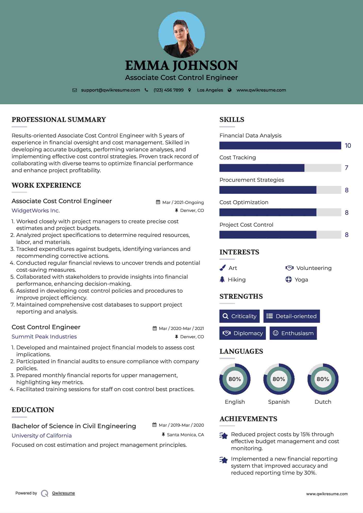 Associate Cost Control Engineer  Resume Format