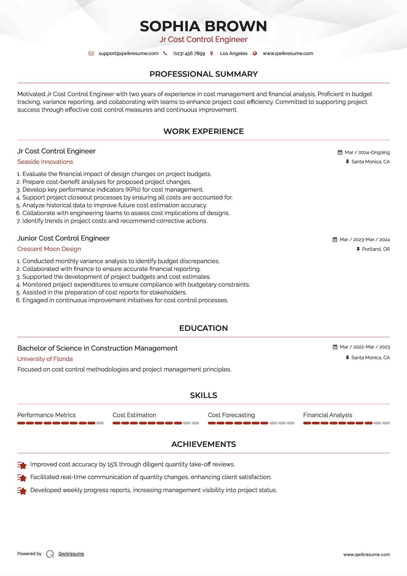 Cost Control Engineer Resume Samples QwikResume
