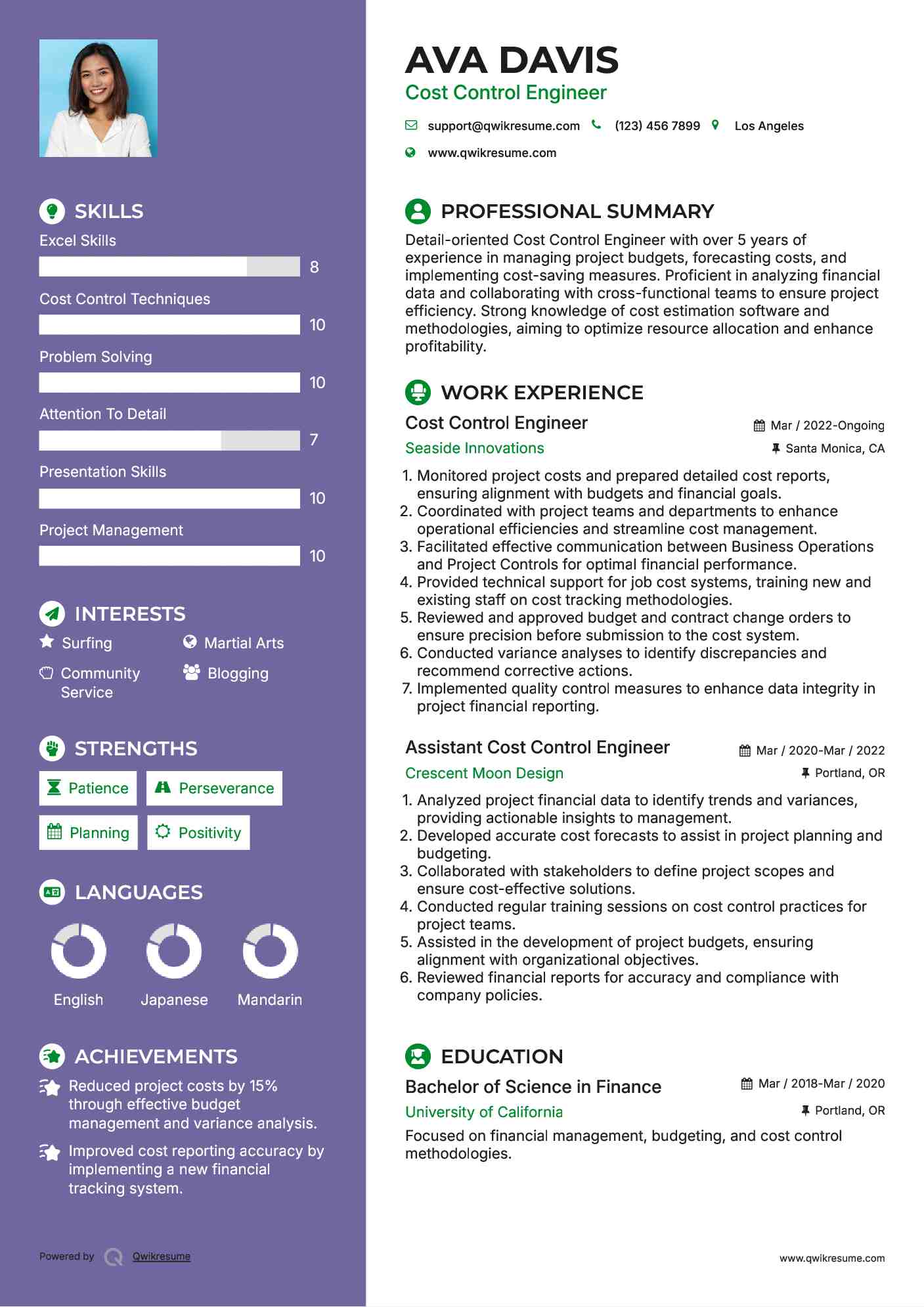 Cost Control Engineer Resume Samples QwikResume