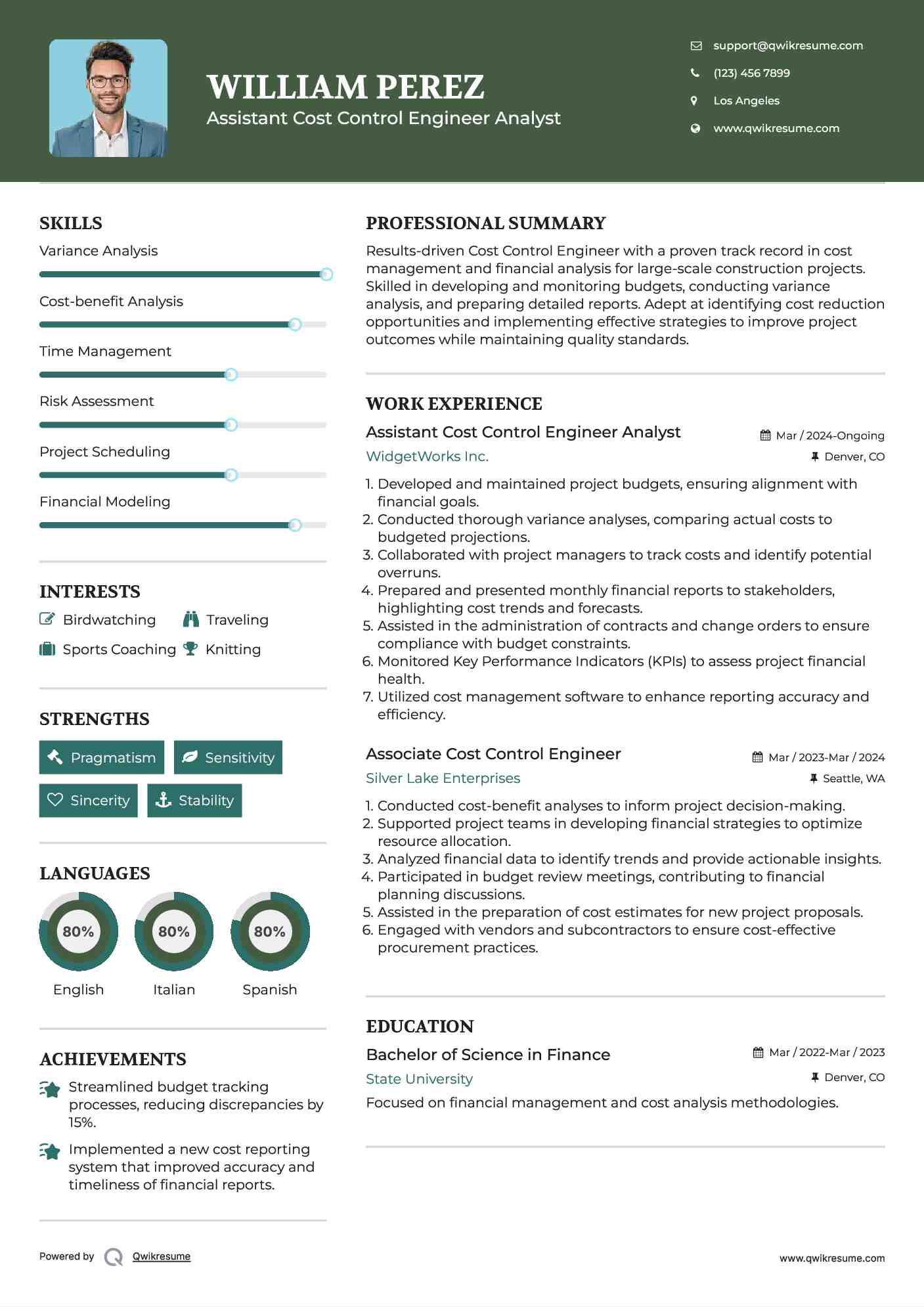 Assistant Cost Control Engineer Analyst Resume Model