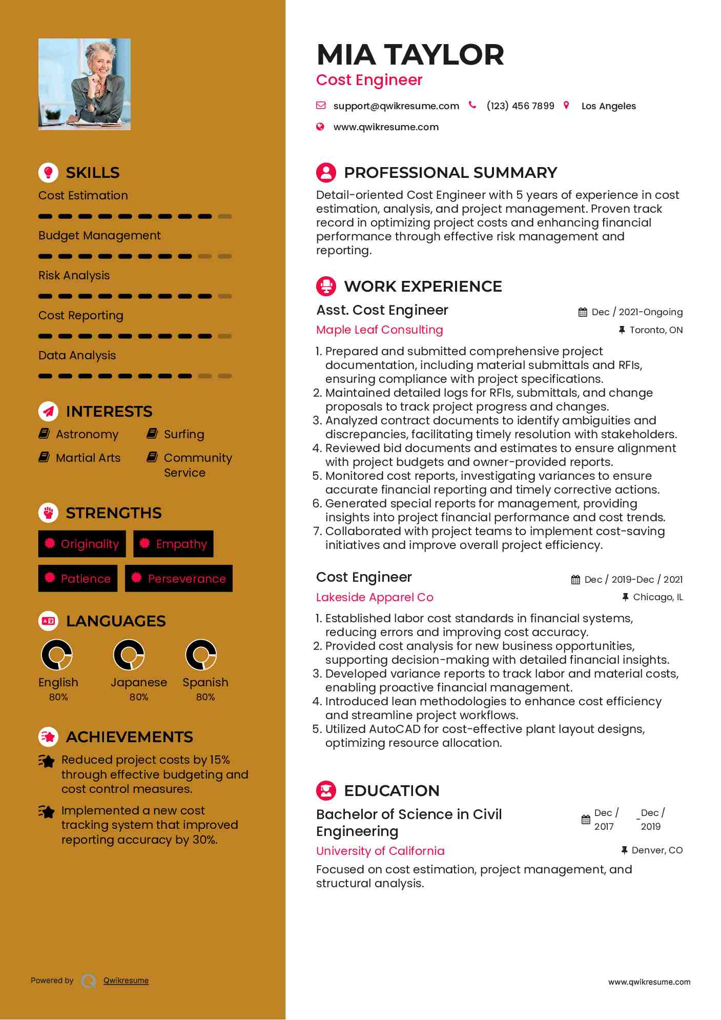 Cost Engineer Resume Samples QwikResume