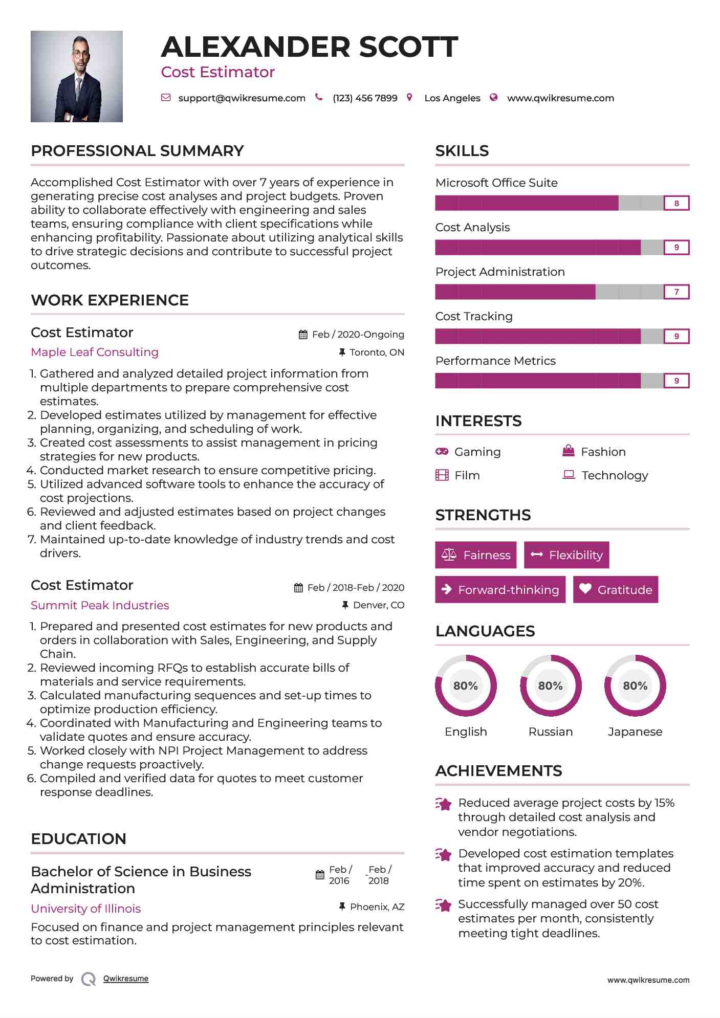 Cost Estimator Resume Model