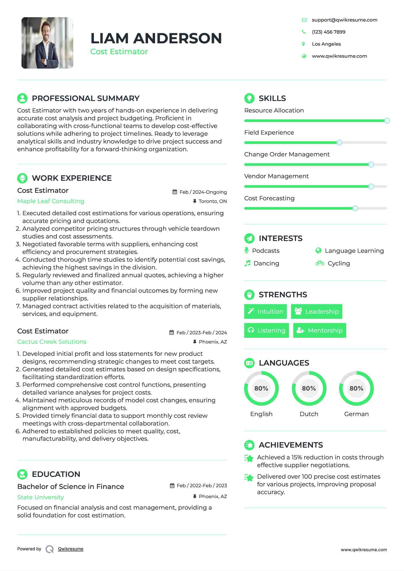 Cost Estimator Resume Model