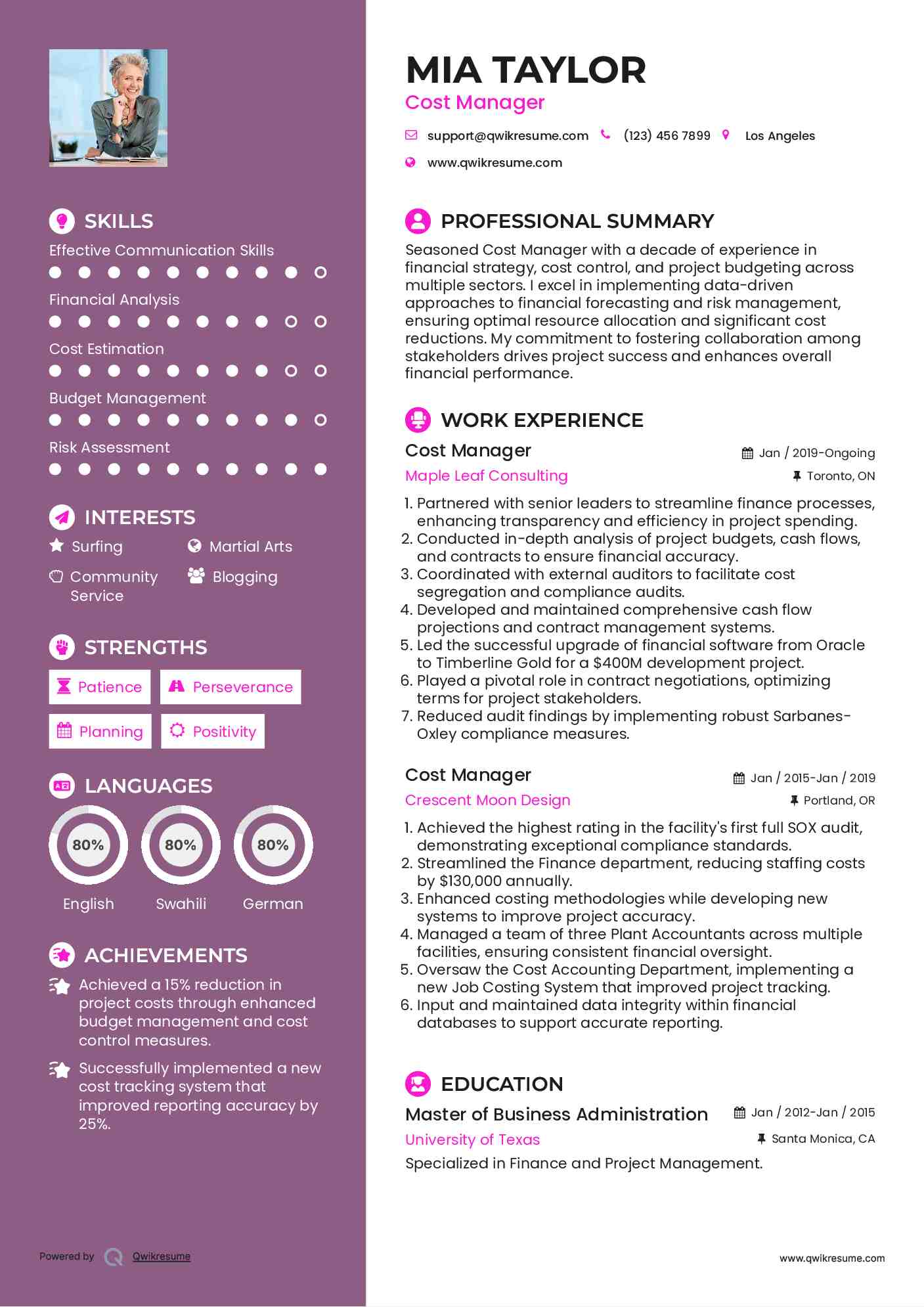 Cost Manager Resume Model