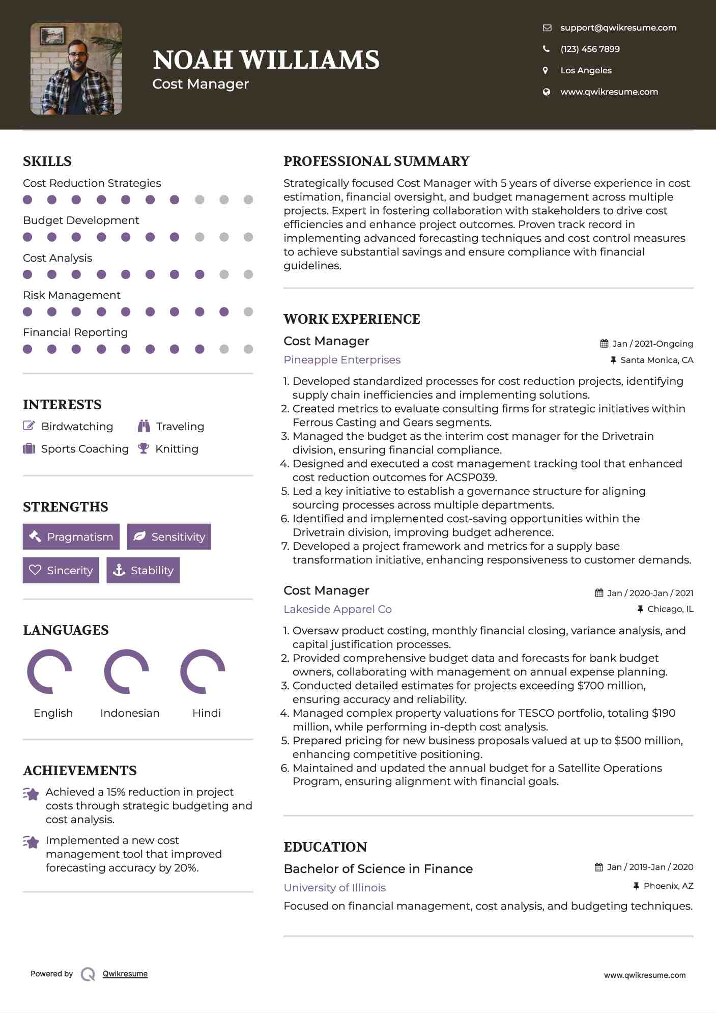 Cost Manager Resume Samples QwikResume