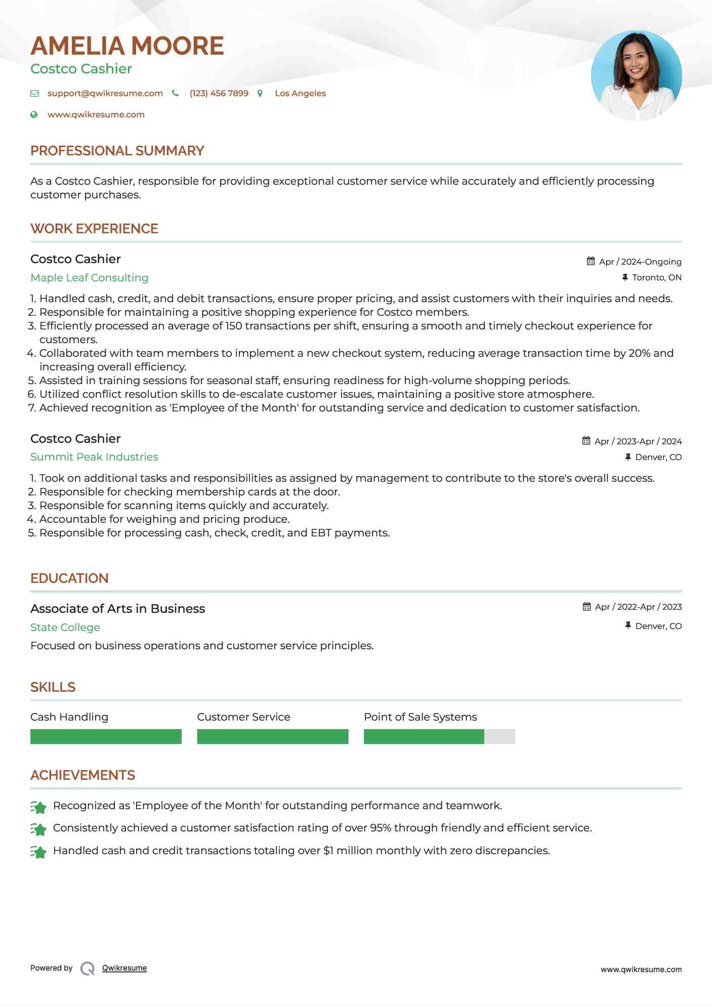 Costco Cashier Resume Template