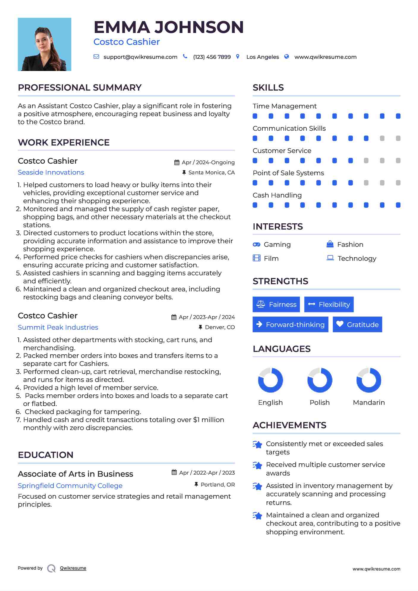 Costco Cashier Resume Example