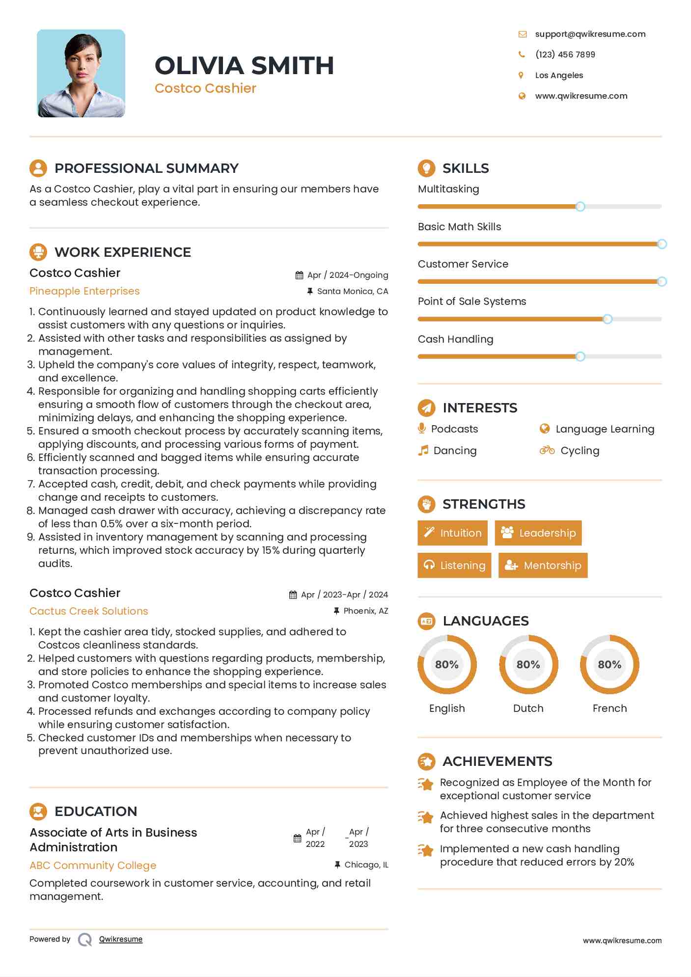 Costco Cashier Resume Format