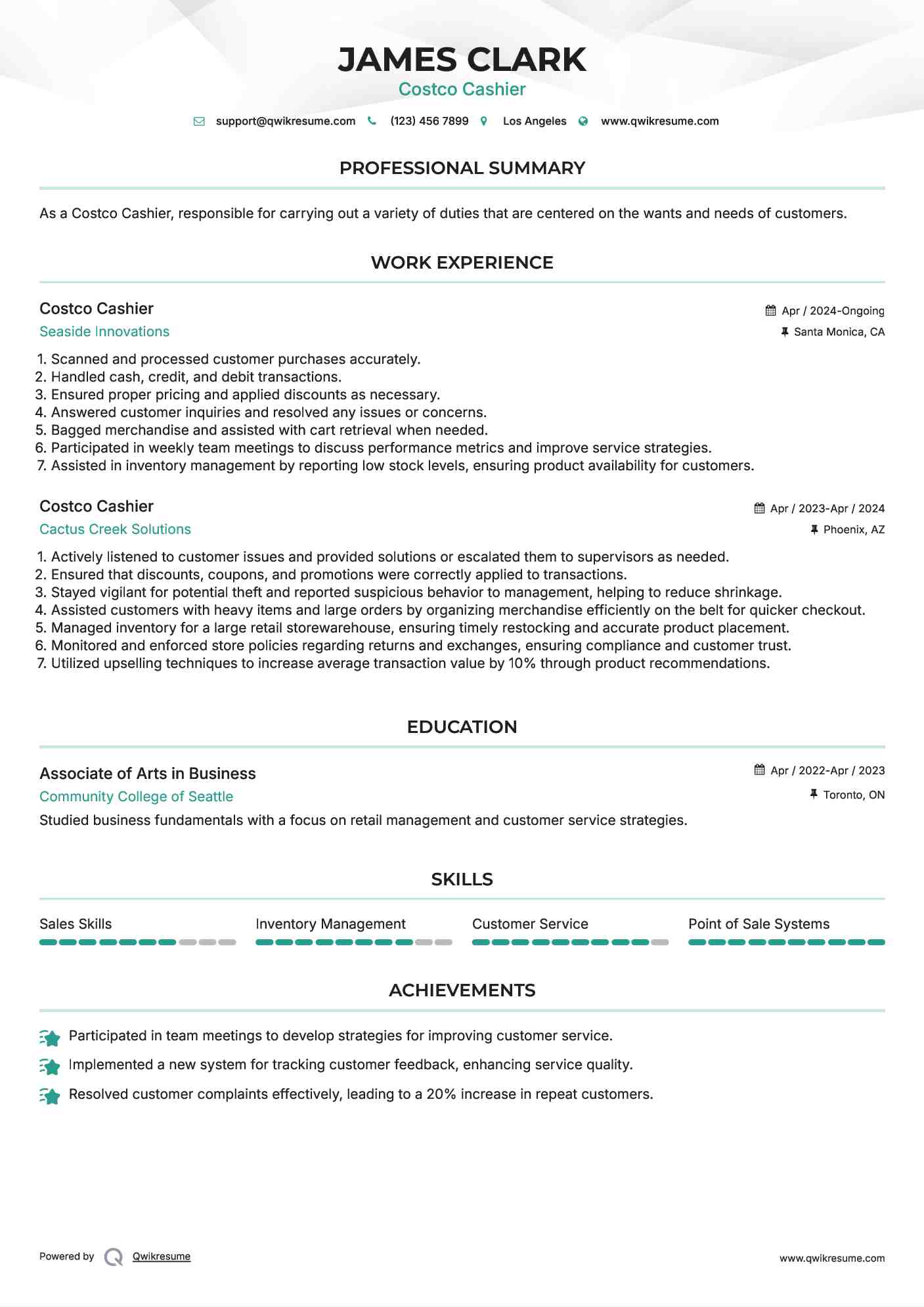 Costco Cashier Resume Sample