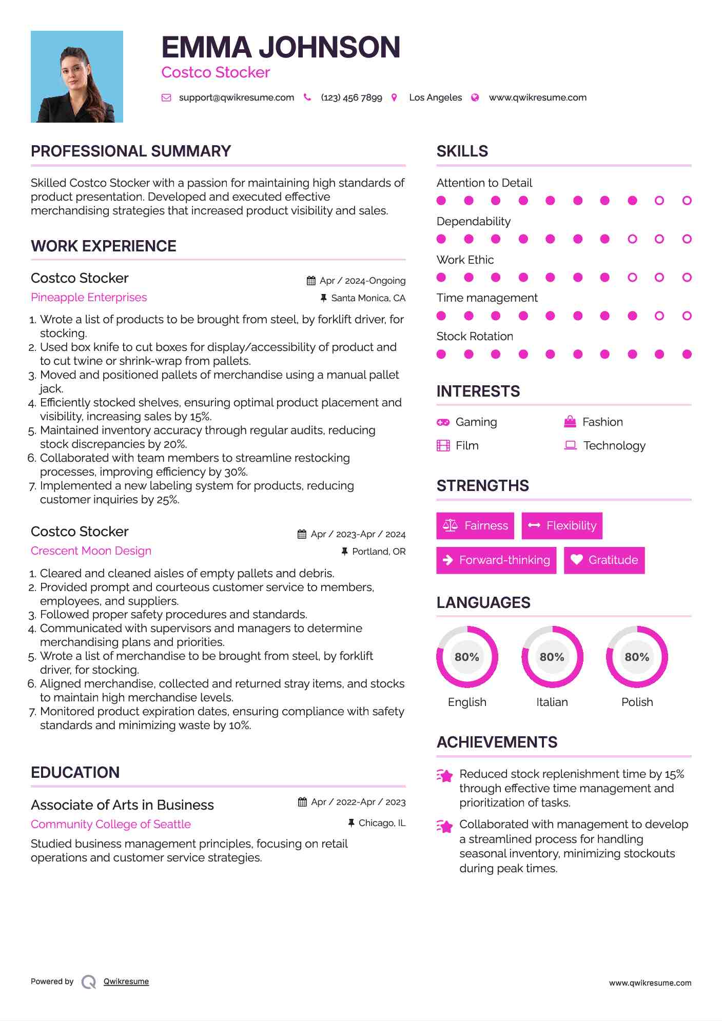 Costco Stocker Resume Model