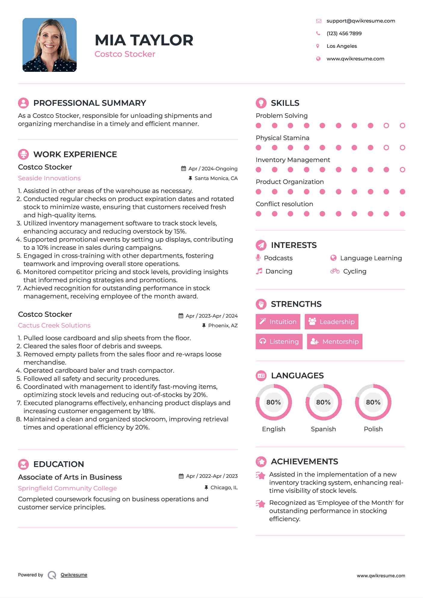 Costco Stocker Resume Sample