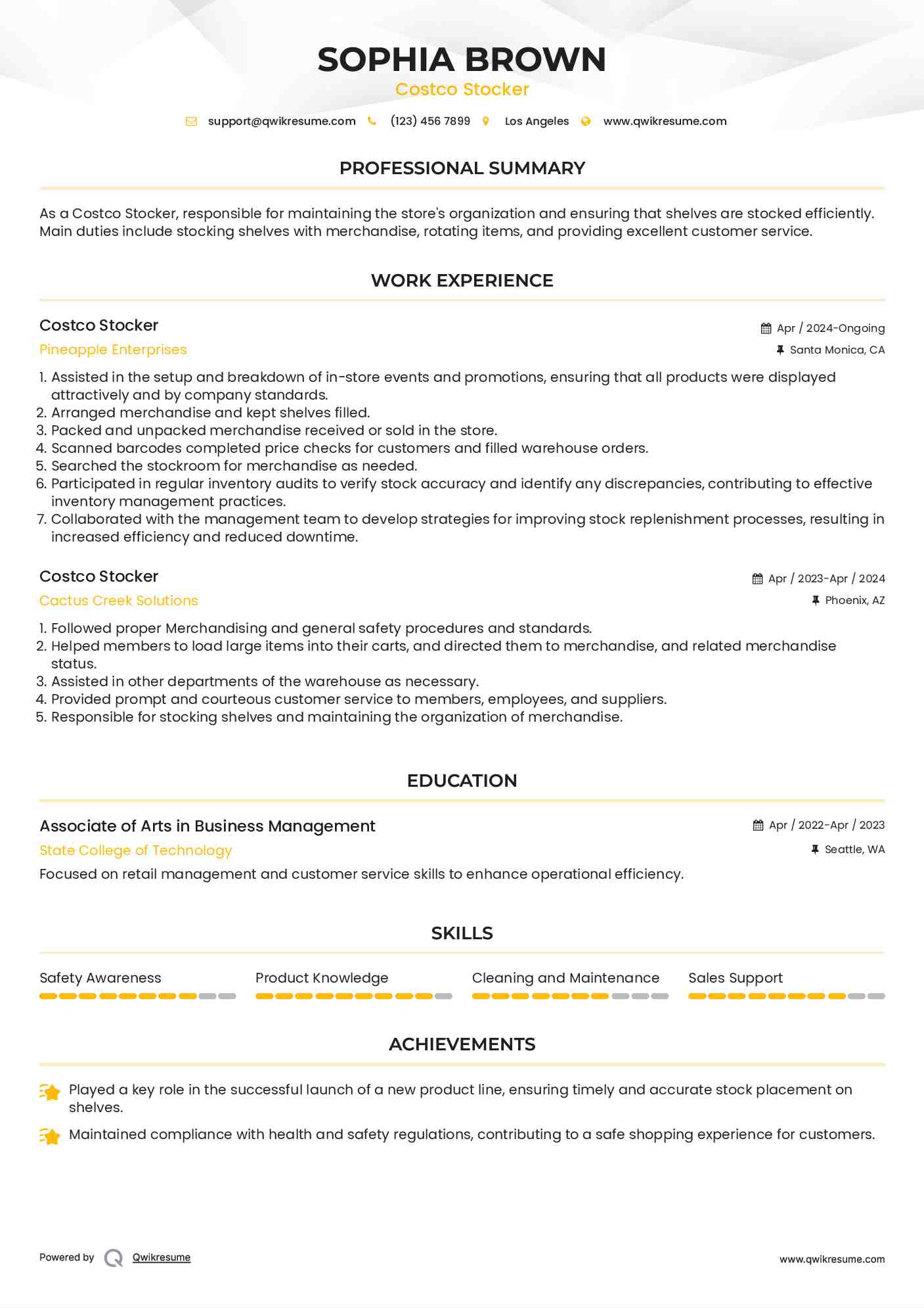 Costco Stocker Resume Model