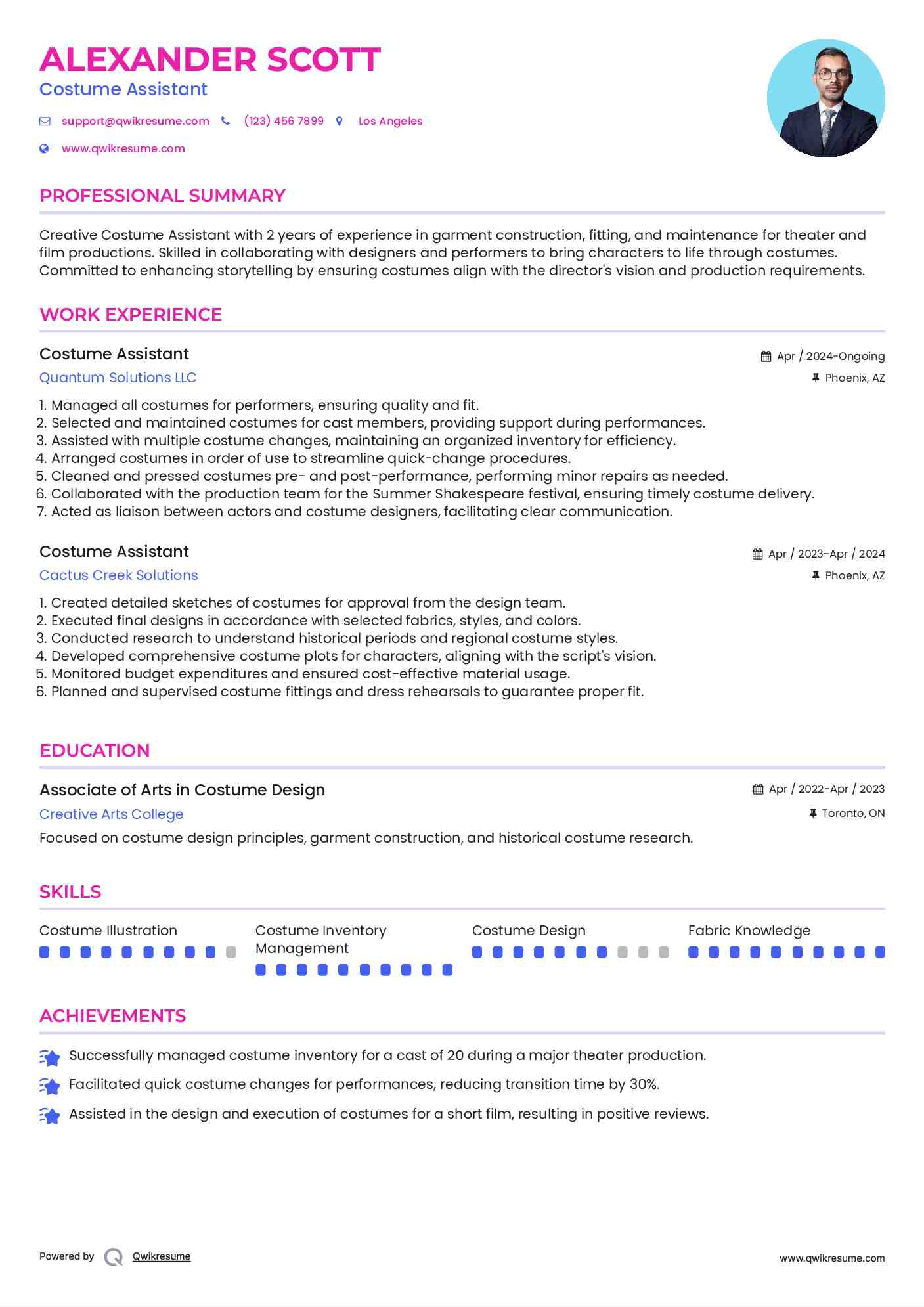 Costume Assistant Resume Example
