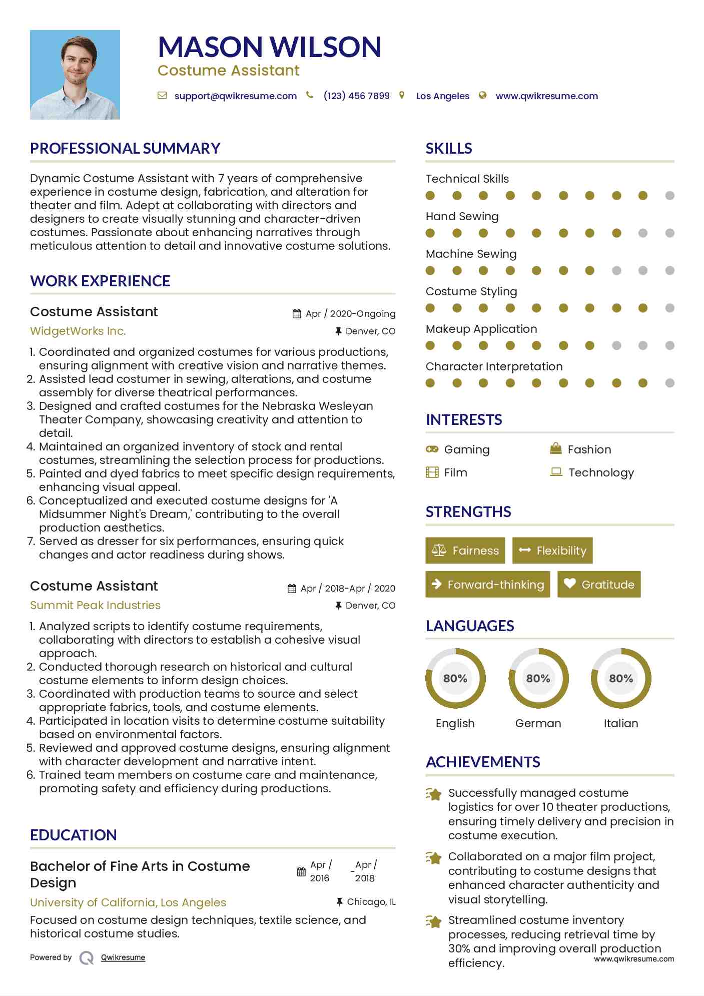 Costume Assistant Resume Model