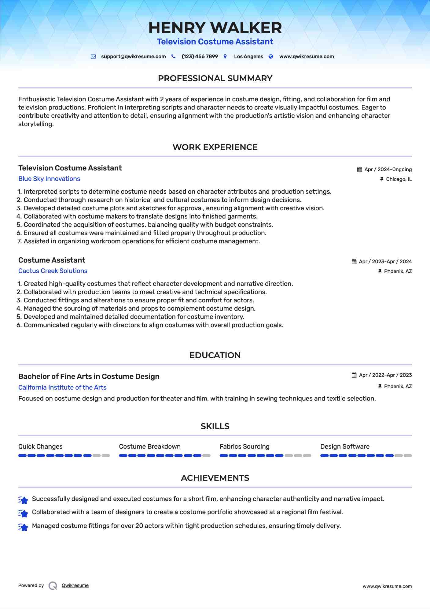 Television Costume Assistant Resume Sample