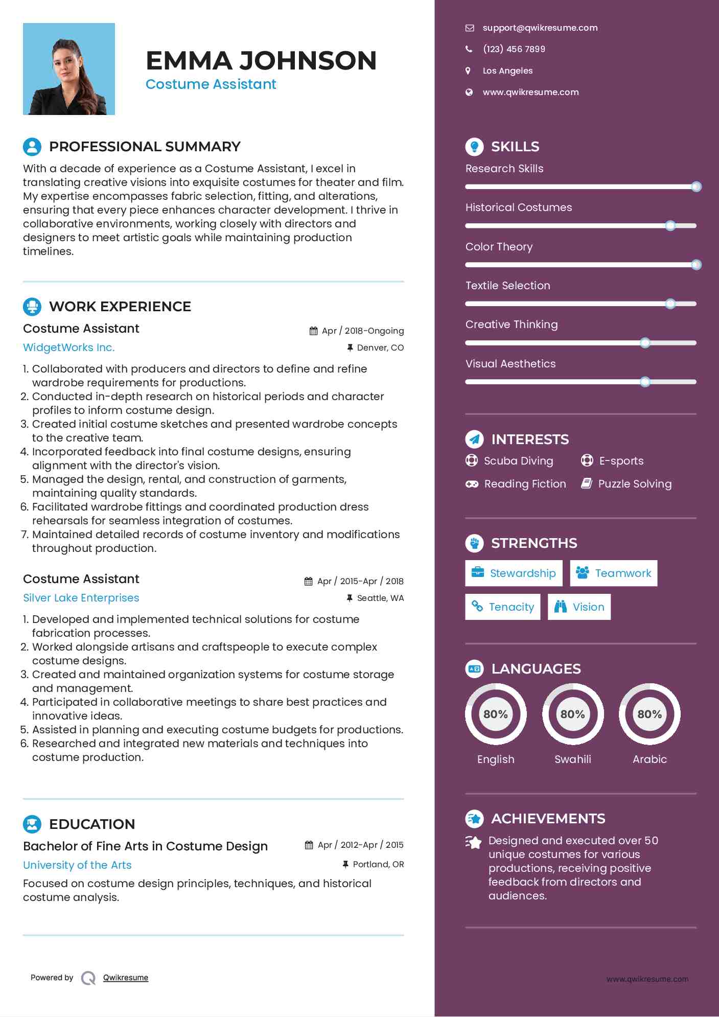 Costume Assistant Resume Example