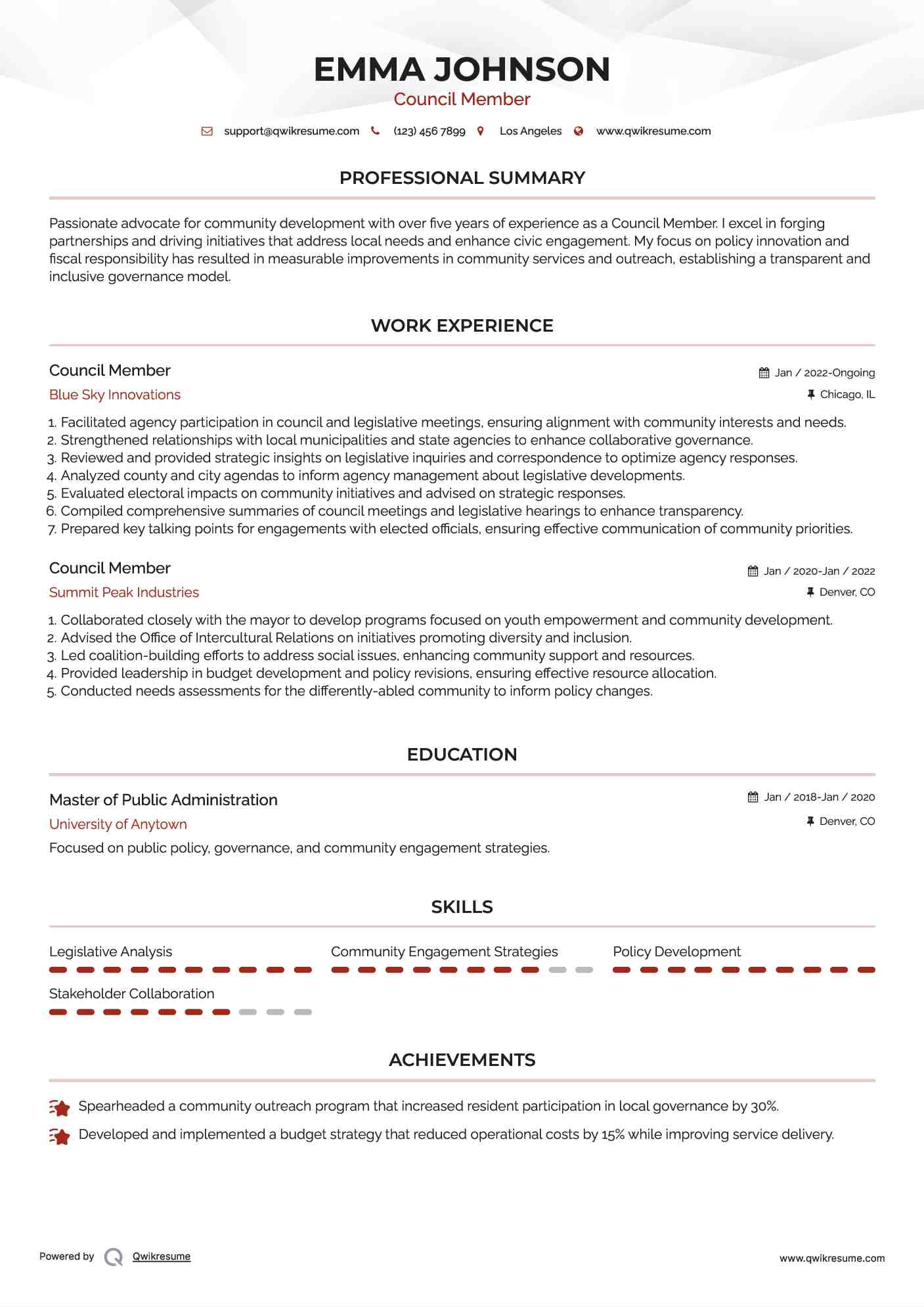 Council Member Resume Samples QwikResume