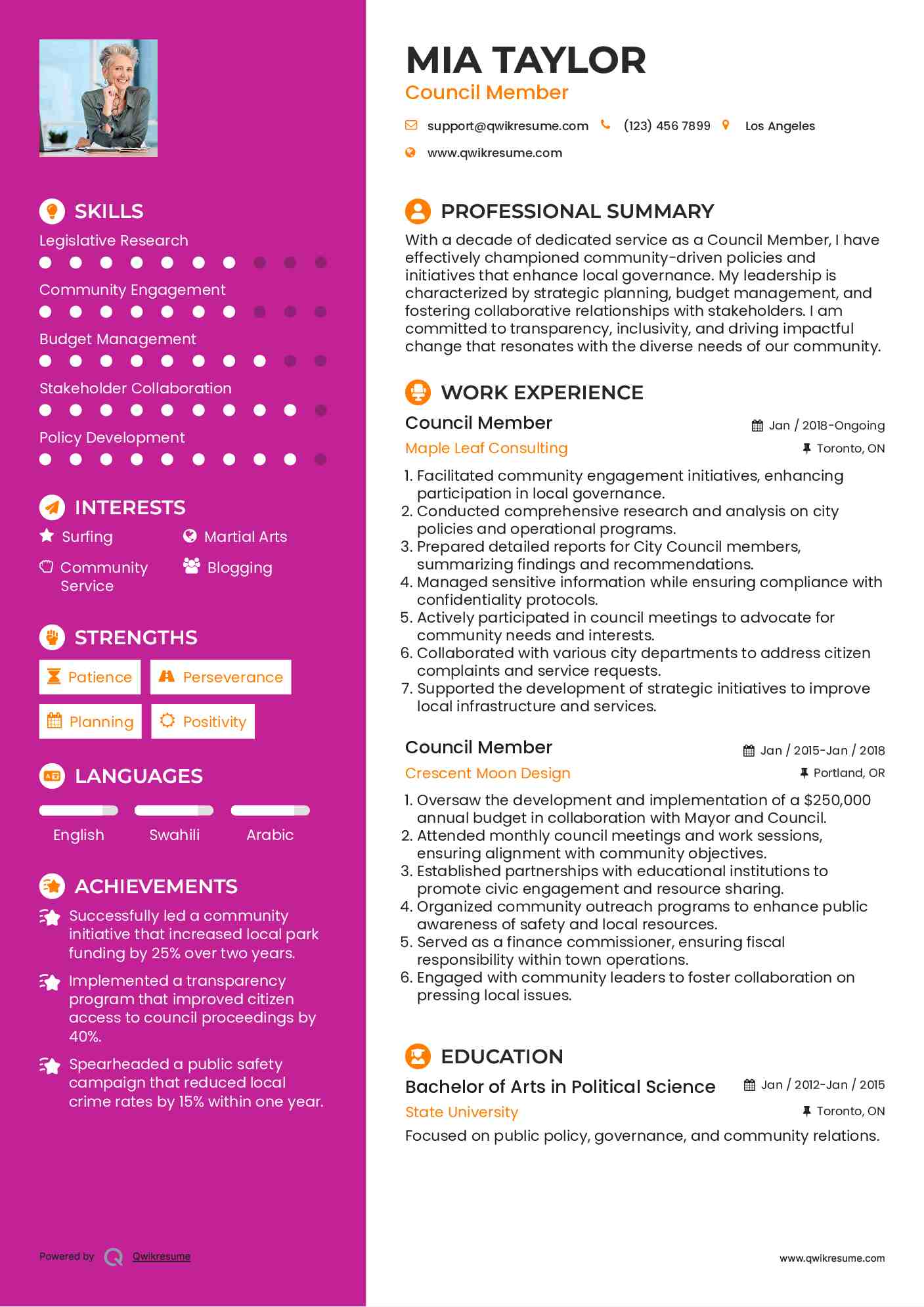 Council Member Resume Example