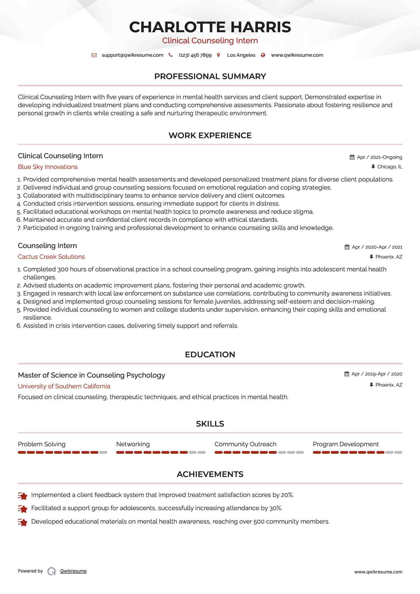 Clinical Counseling Intern
 Resume Sample