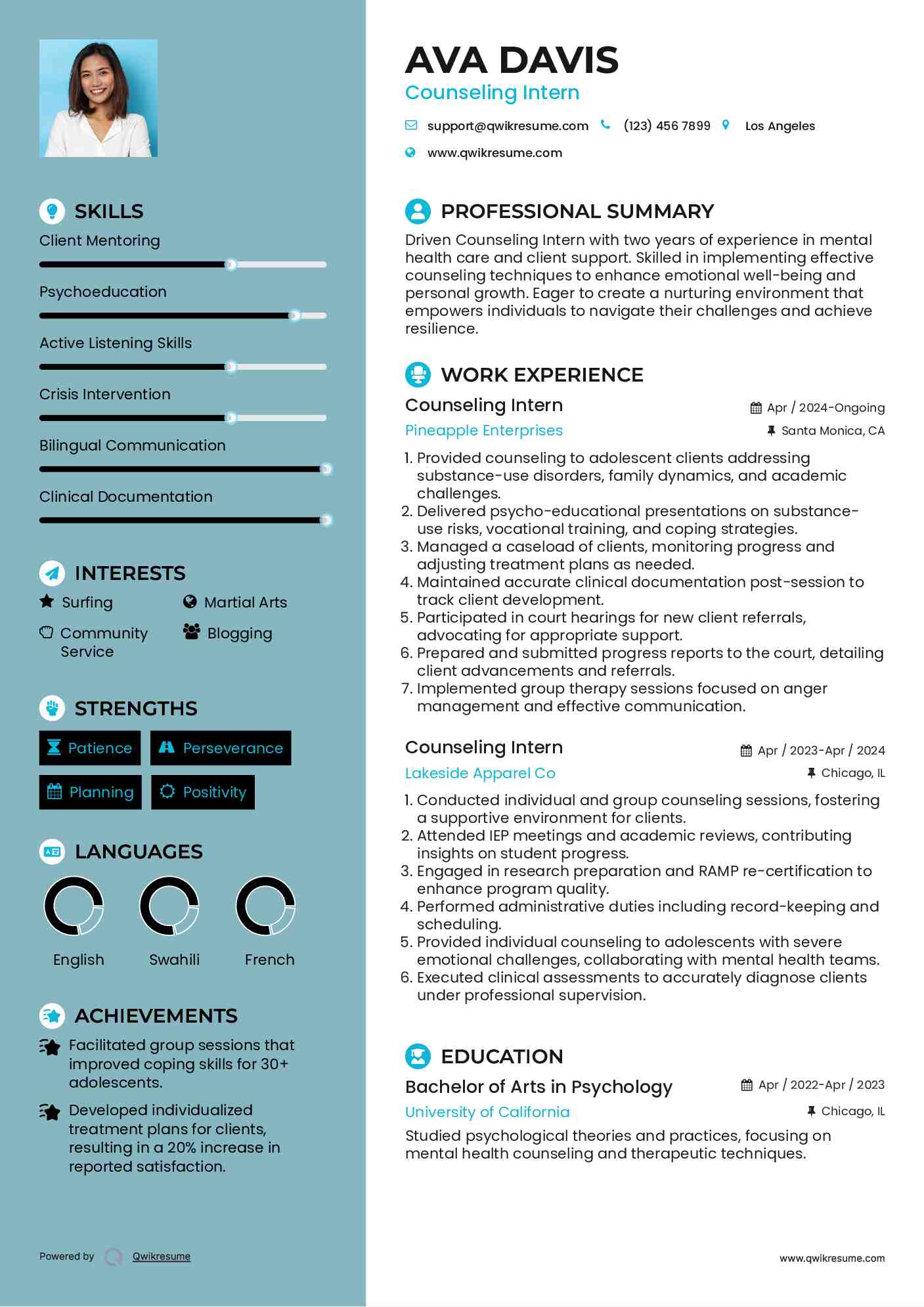 Counseling Intern Resume Example