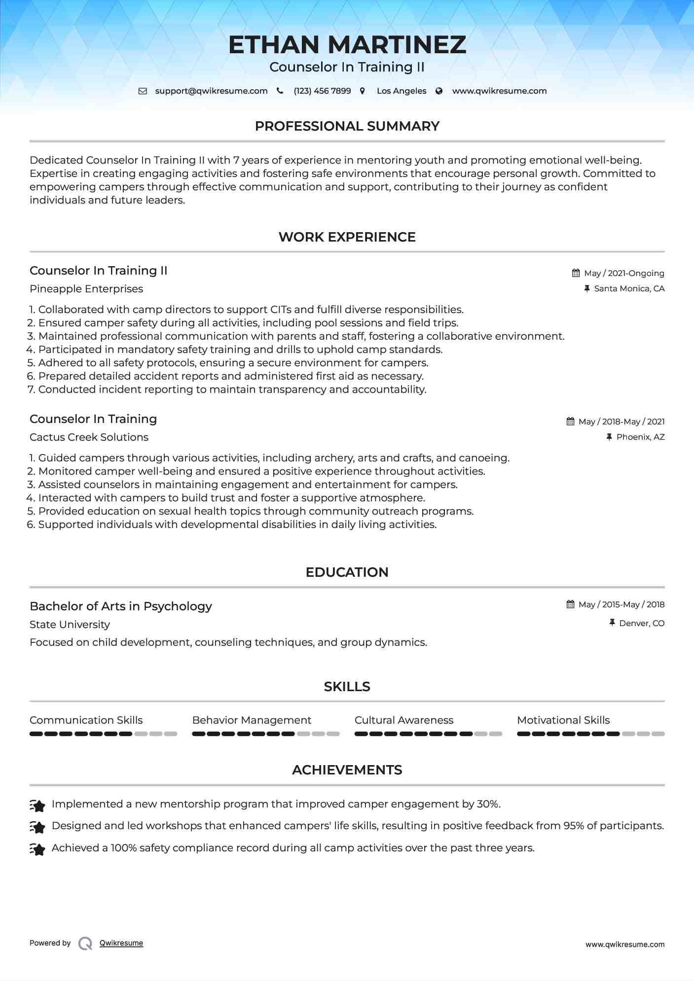 Counselor In Training II Resume Example