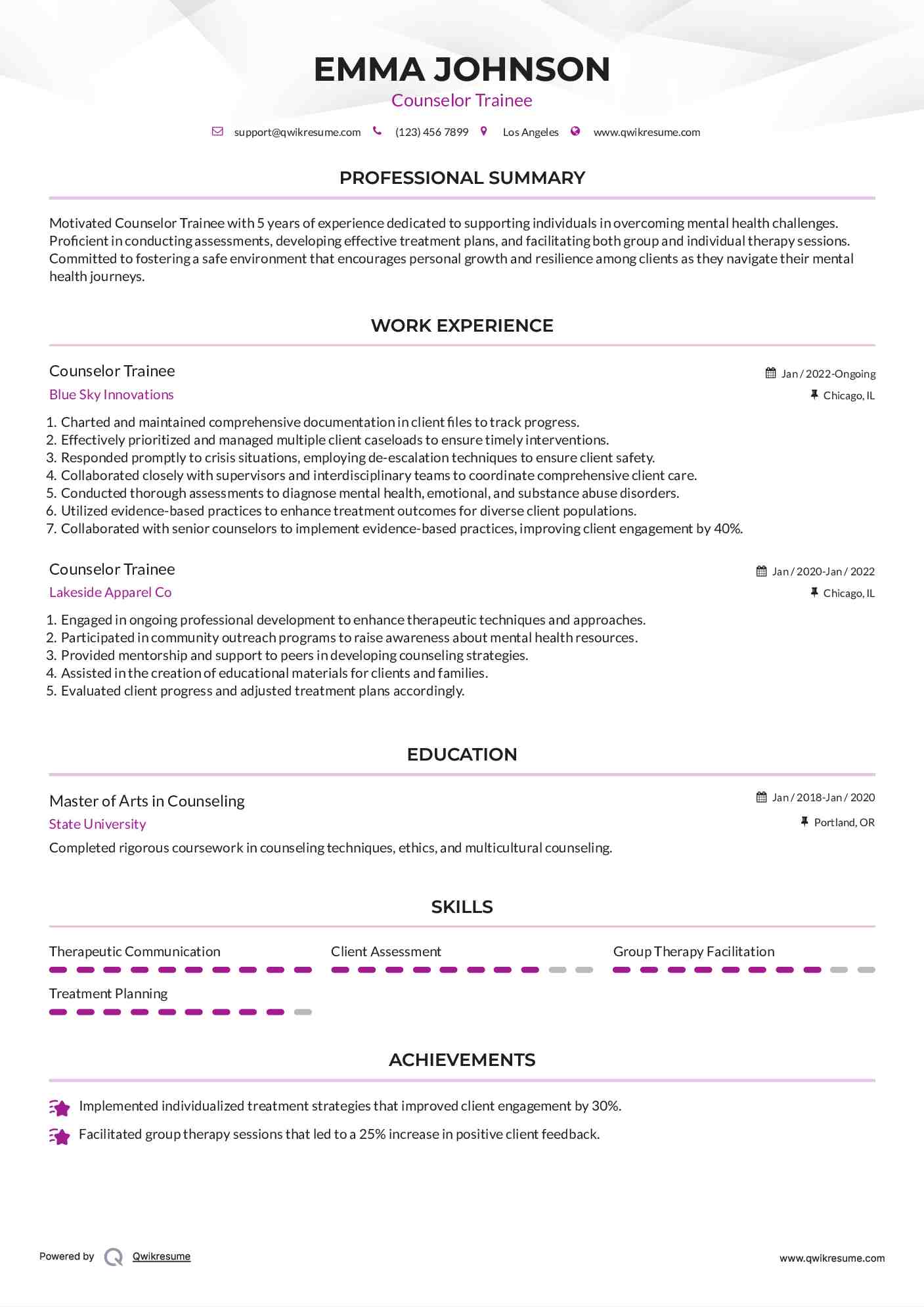 Counselor Trainee Resume Format