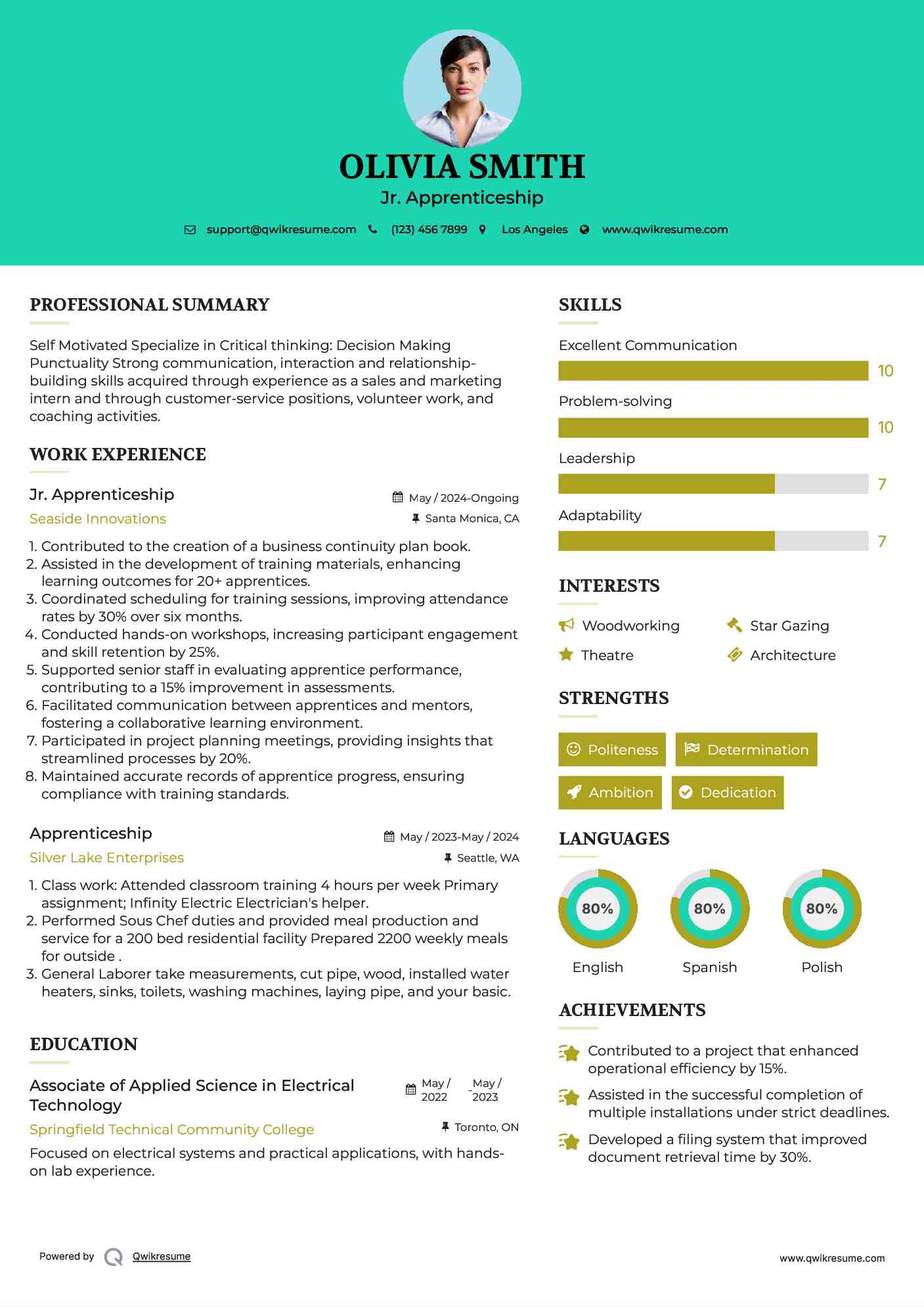 Jr. Apprenticeship Resume Sample