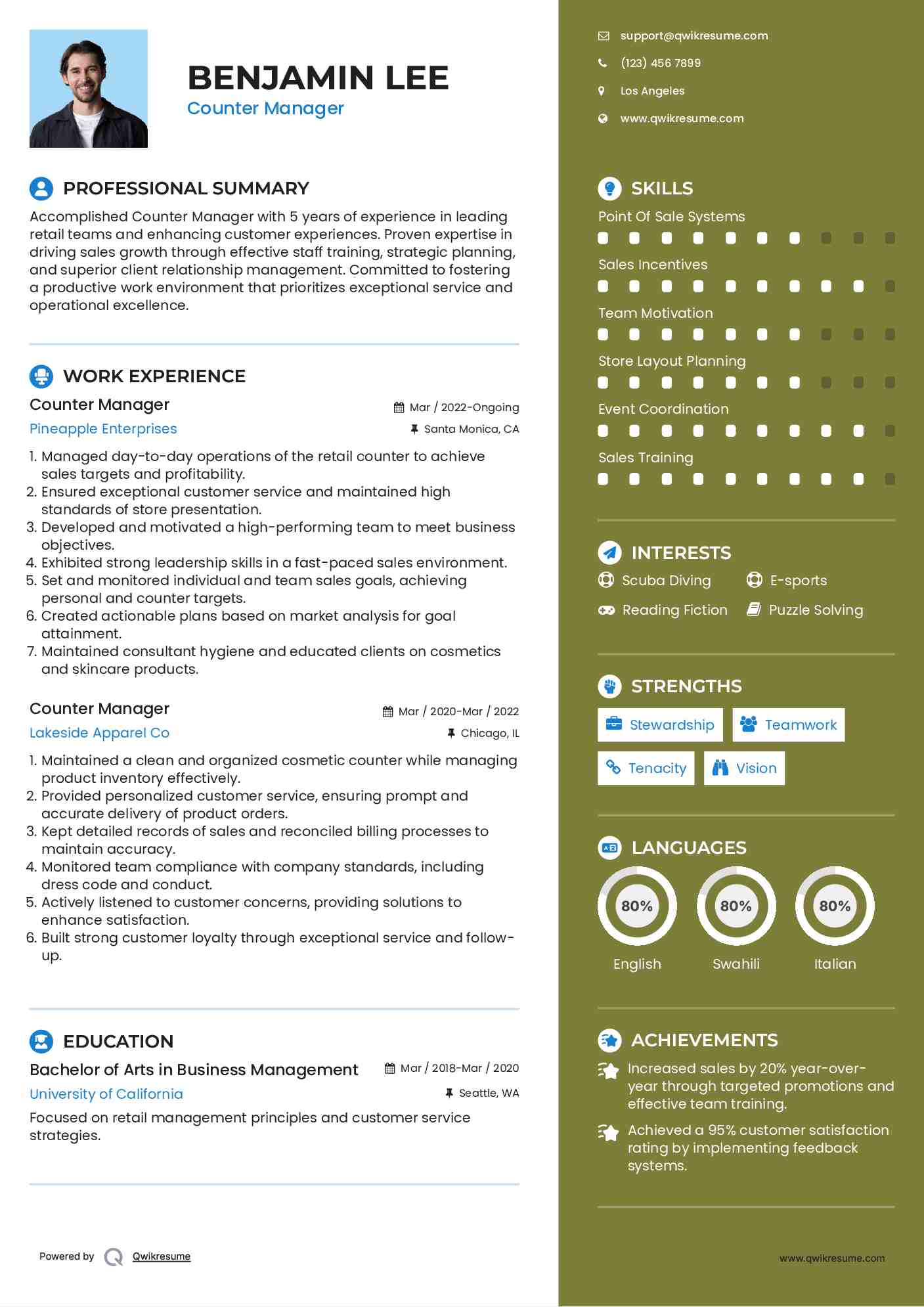 Counter Manager Resume Sample