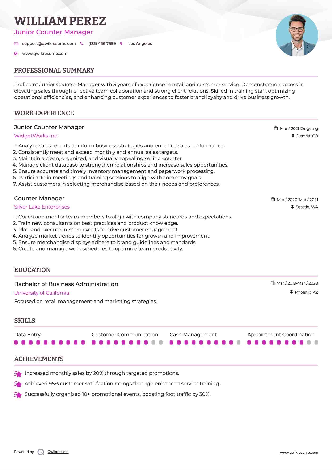 Junior Counter Manager Resume Sample