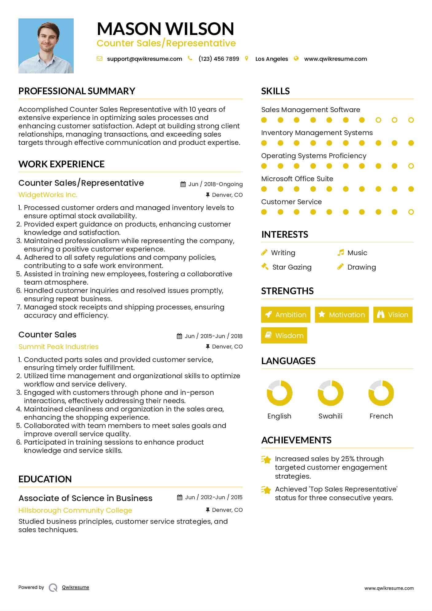 Counter Sales/Representative Resume Example