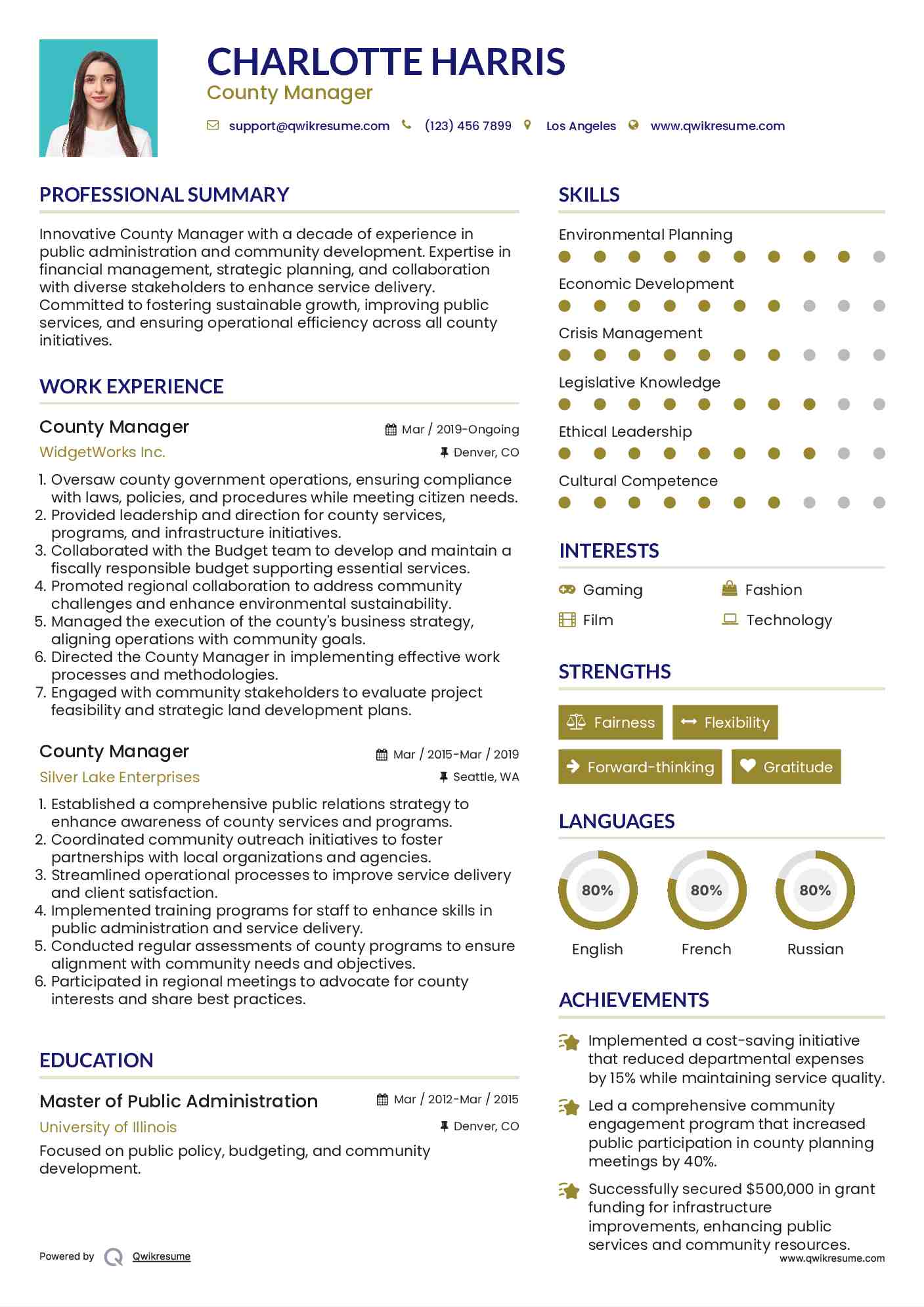 County Manager Resume Sample