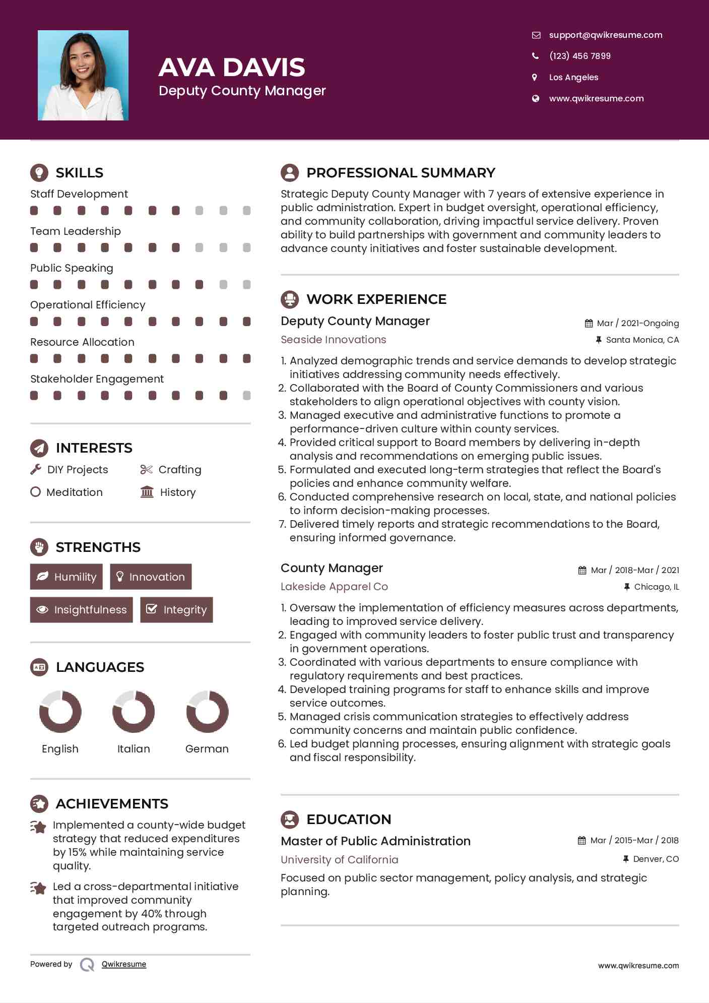 Deputy County Manager Resume Sample