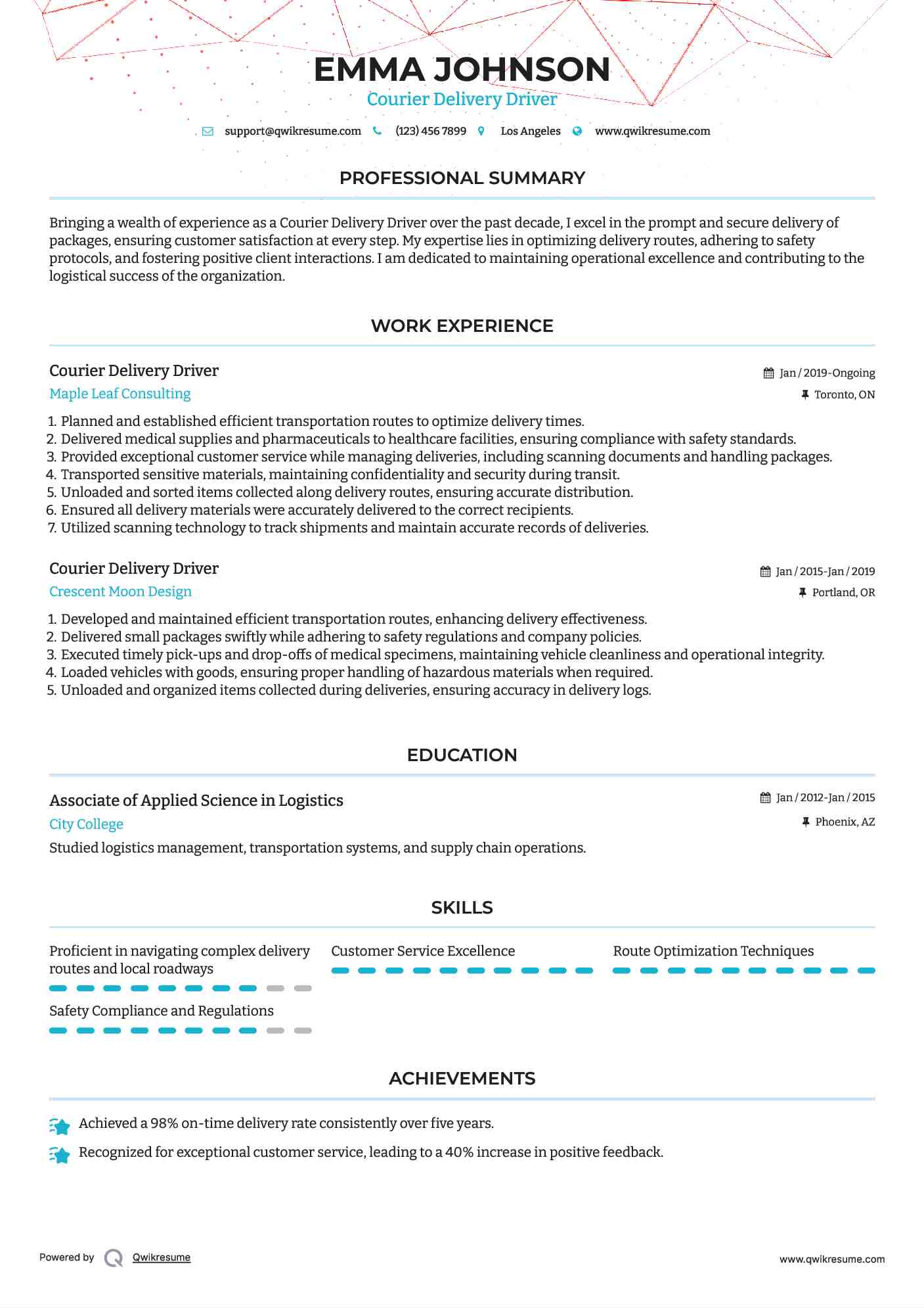 Courier Delivery Driver Resume Example