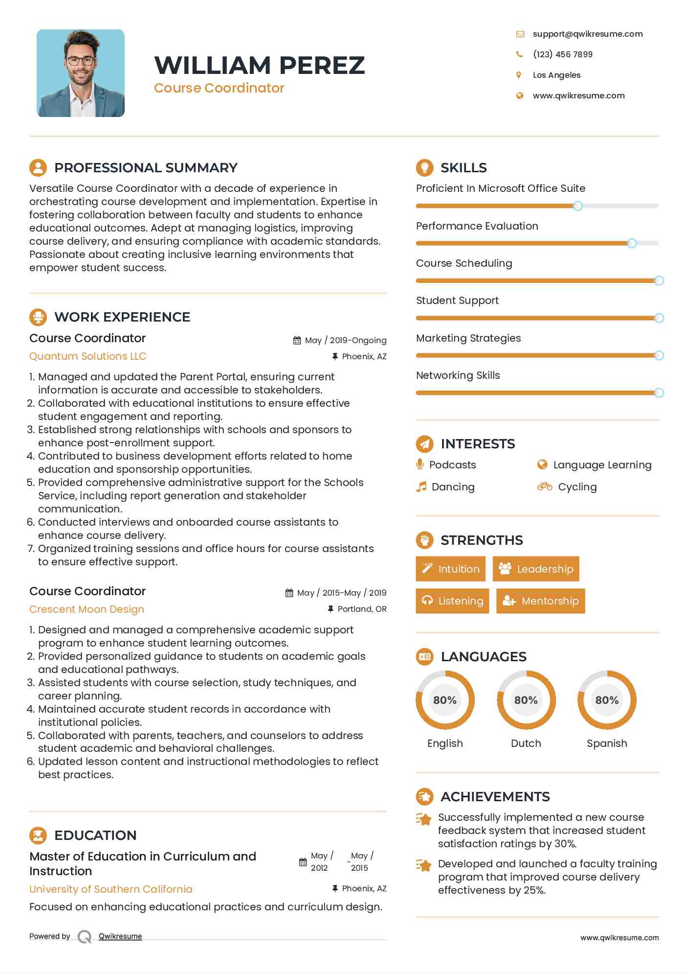 Course Coordinator Resume Sample