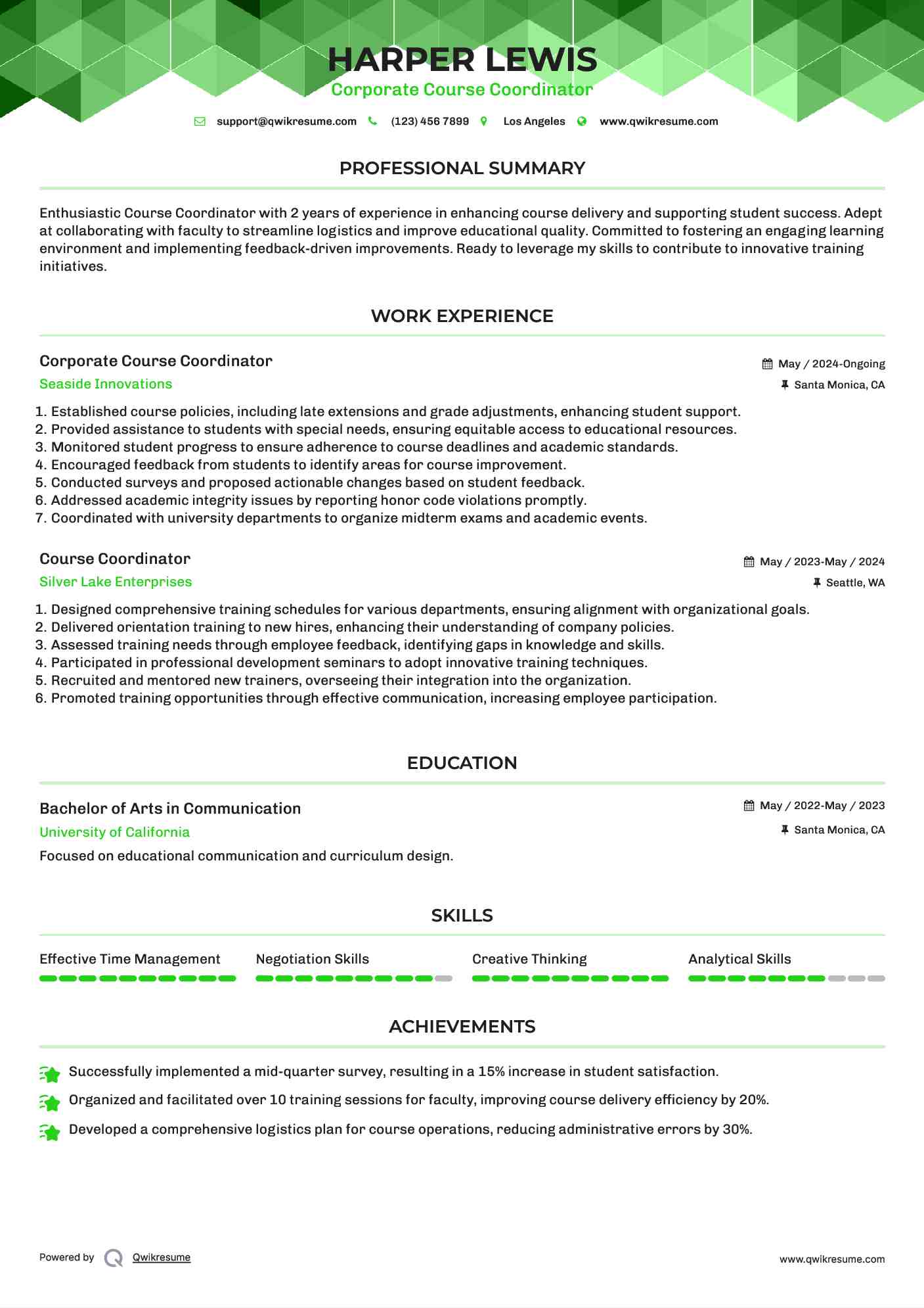 Corporate Course Coordinator Resume Example