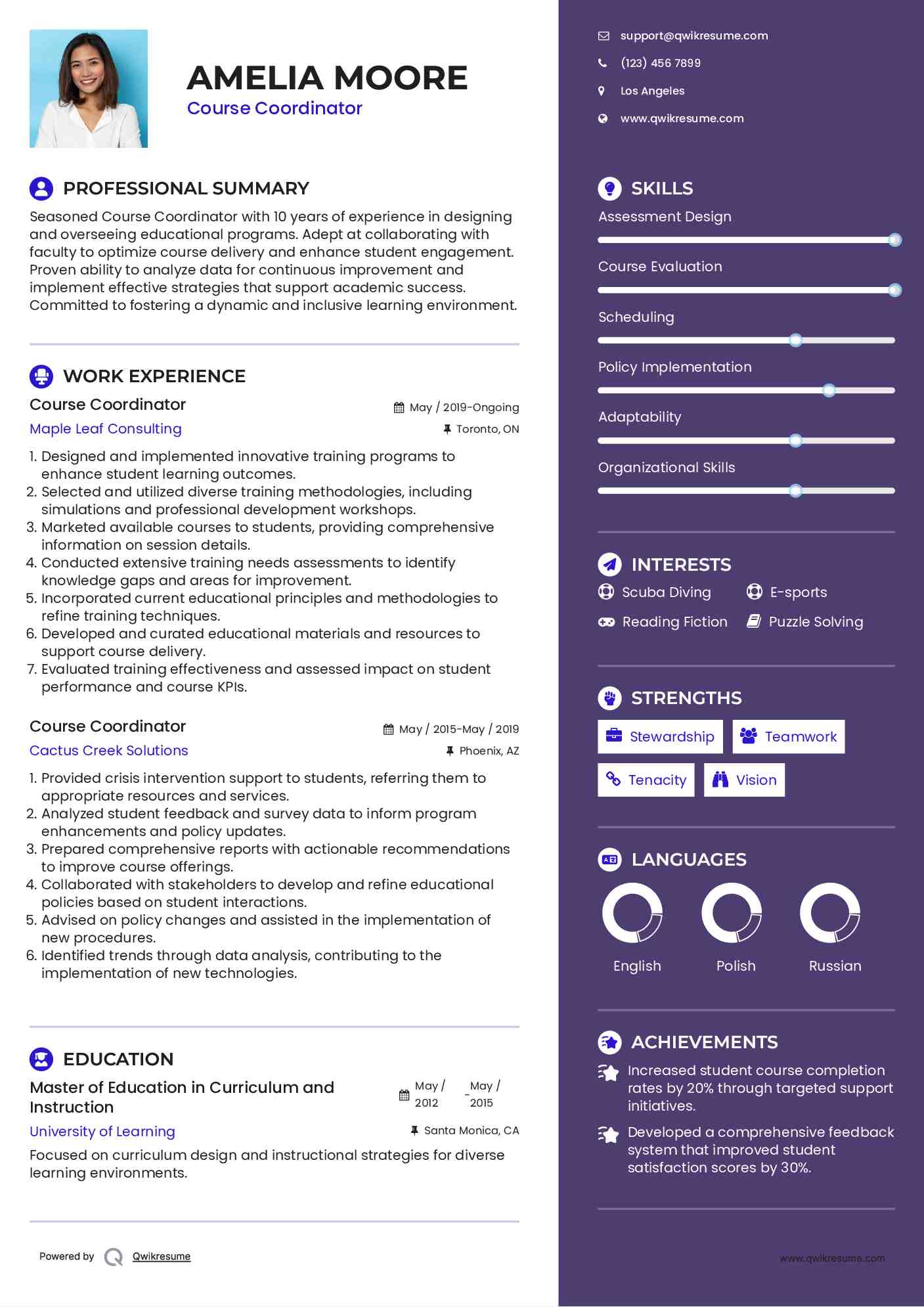 Course Coordinator Resume Sample