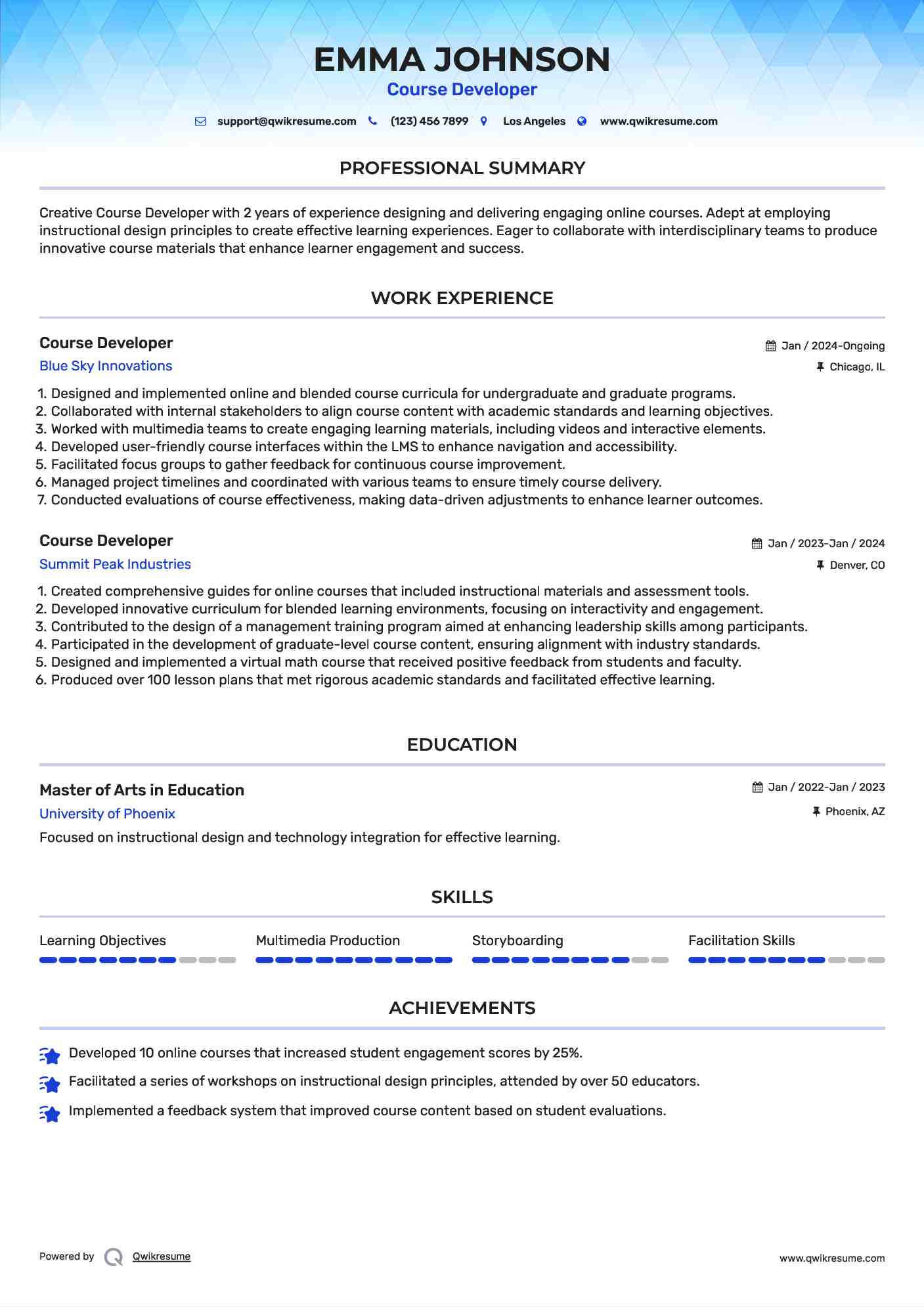 Course Developer Resume Model