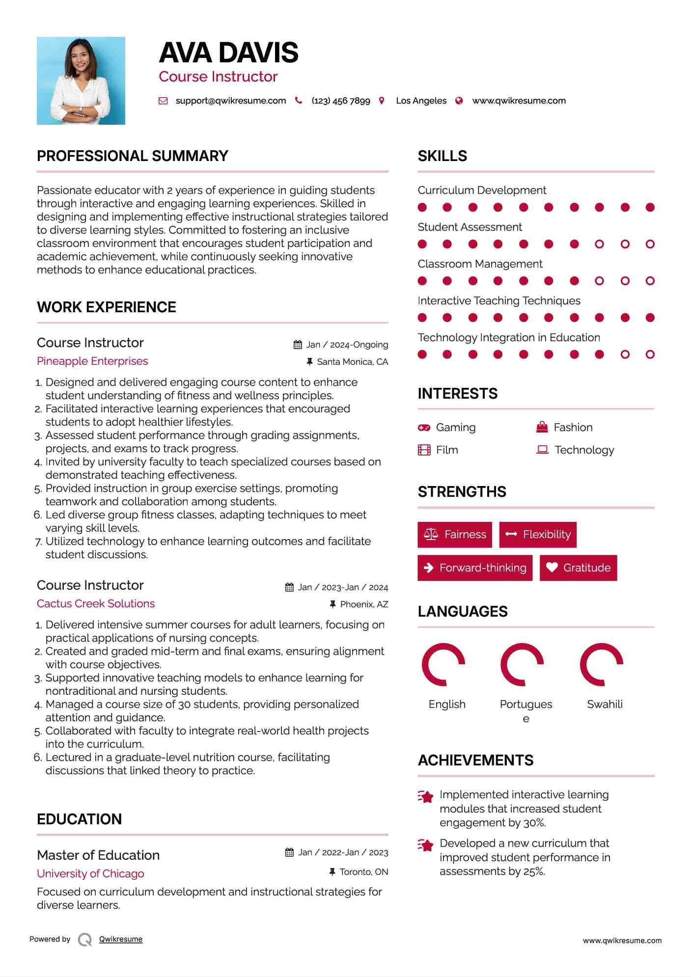 Course Instructor Resume Example