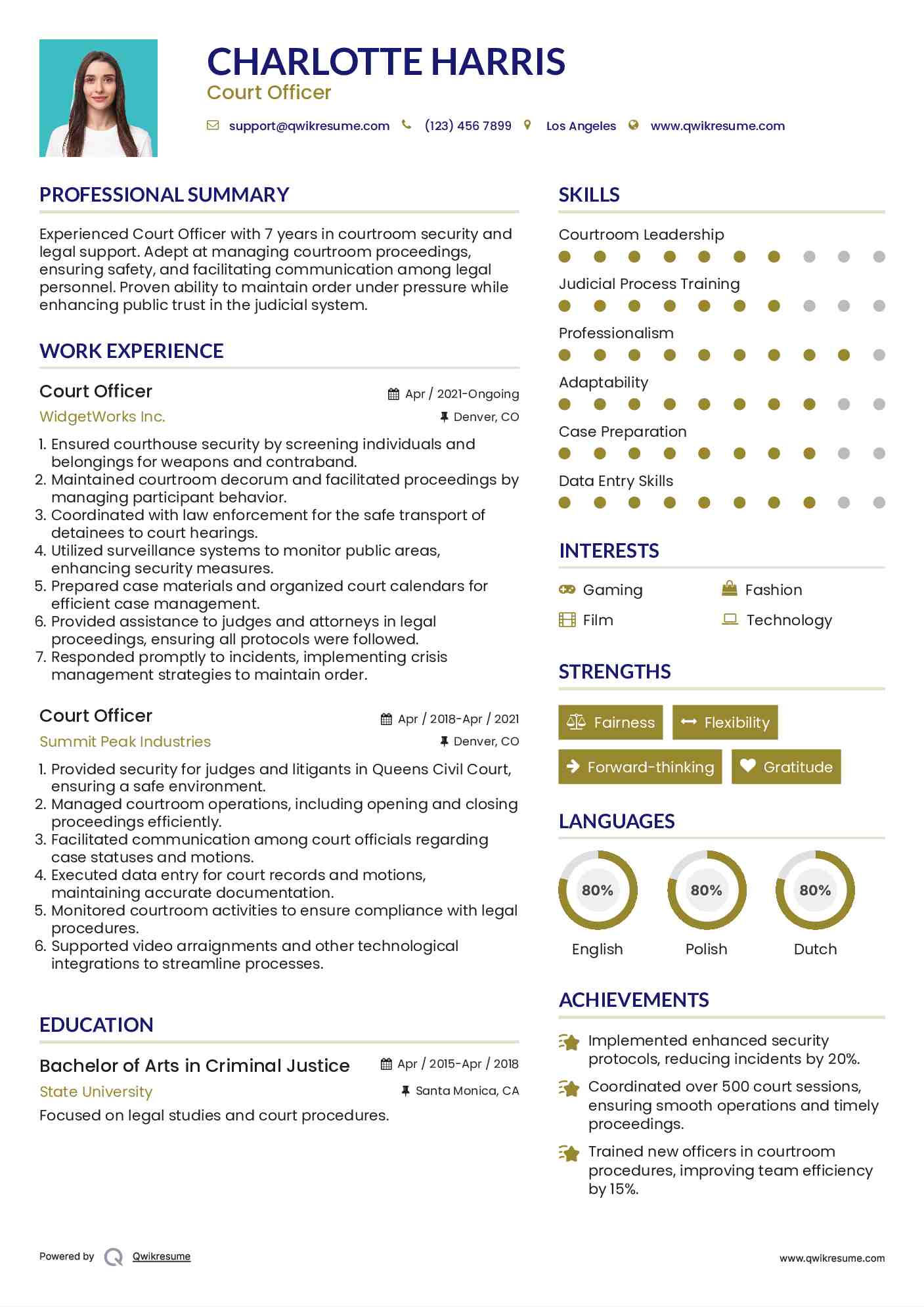 Court Officer Resume Sample